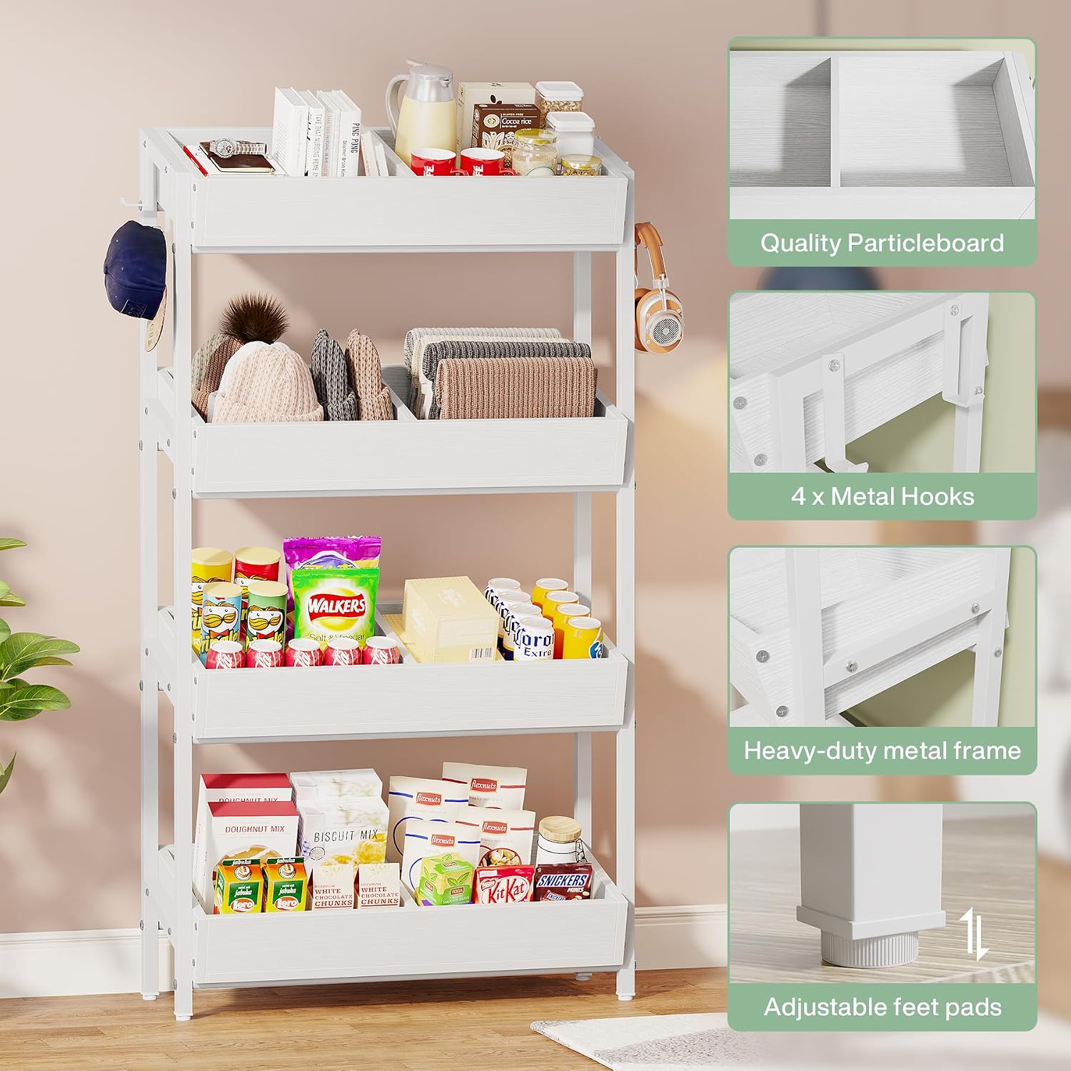 Tribesigns Wood Fruit and Vegetable Basket Stand Rack for Kitchen, Office, Store, Supremarket, Pantry Shelf Unit for Snacks, 4-Tier Wooden Utility Storage Shelves Set of 2 (White)