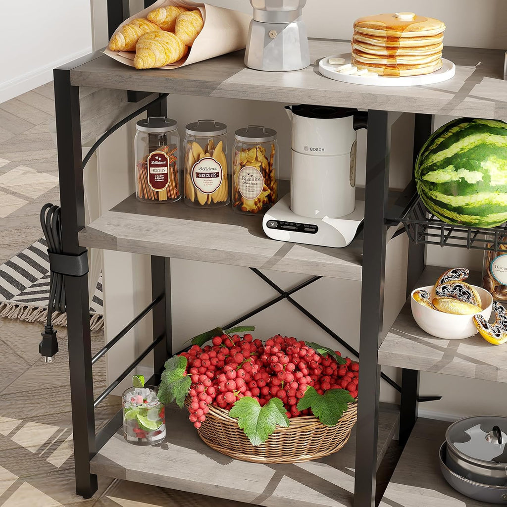 IDEALHOUSE Bakers Rack with Power Outlet, 6-Tier Coffee Bar Station with Wire Drawer, Industrial Microwave Stand, Kitchen Standing Bakers Racks with Large Storage, Hutch, Retro Gray