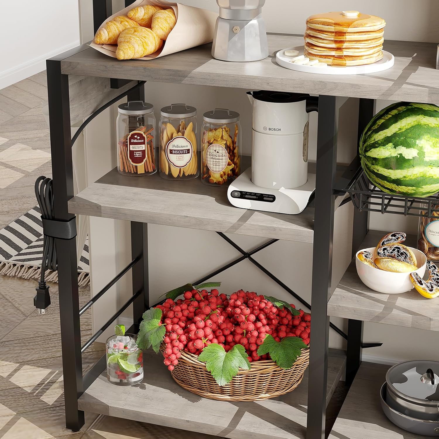 IDEALHOUSE Bakers Rack with Power Outlet, 6-Tier Coffee Bar Station with Wire Drawer, Industrial Microwave Stand, Kitchen Standing Bakers Racks with Large Storage, Hutch, Retro Gray