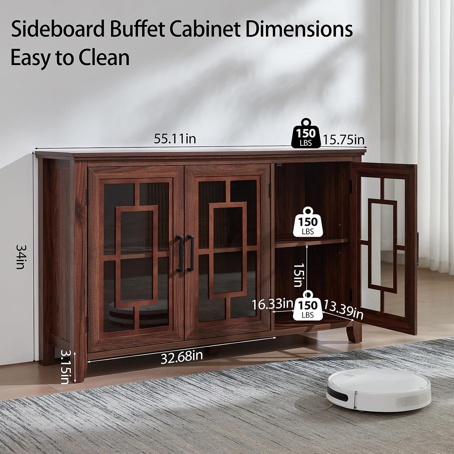 Joaxswe Large Sideboard Buffet Cabinet with Storage, 55' Farmhouse Kitchen Coffee Wine Bar Cabinet with 3 Glass Doors, Wood Mid Century Modern Side Board Table for Dining Room, Living Room,Brown