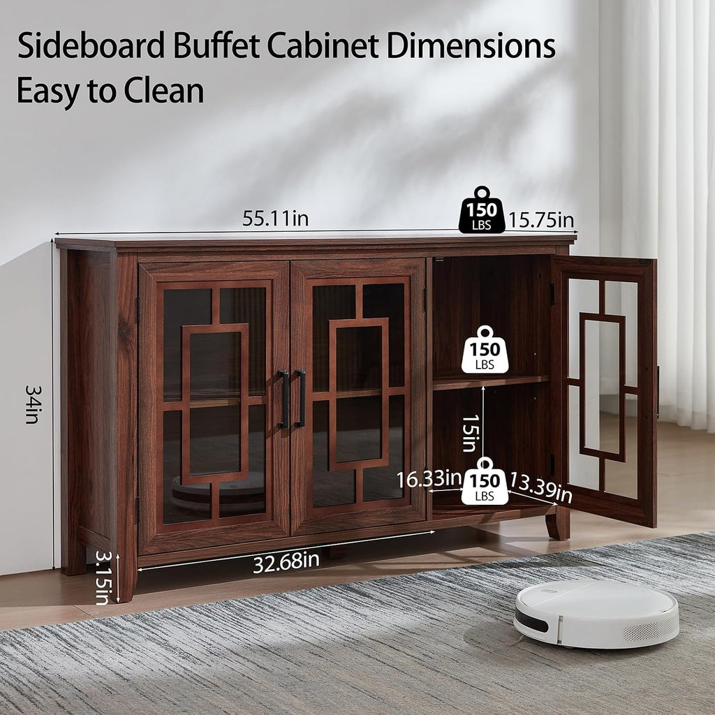Joaxswe Large Sideboard Buffet Cabinet with Storage, 55' Farmhouse Credenza with 3 Glass Doors, Adjustable Shelves Console Table, Wood Kitchen Coffee Bar for Dining Room, Living Room, Brown