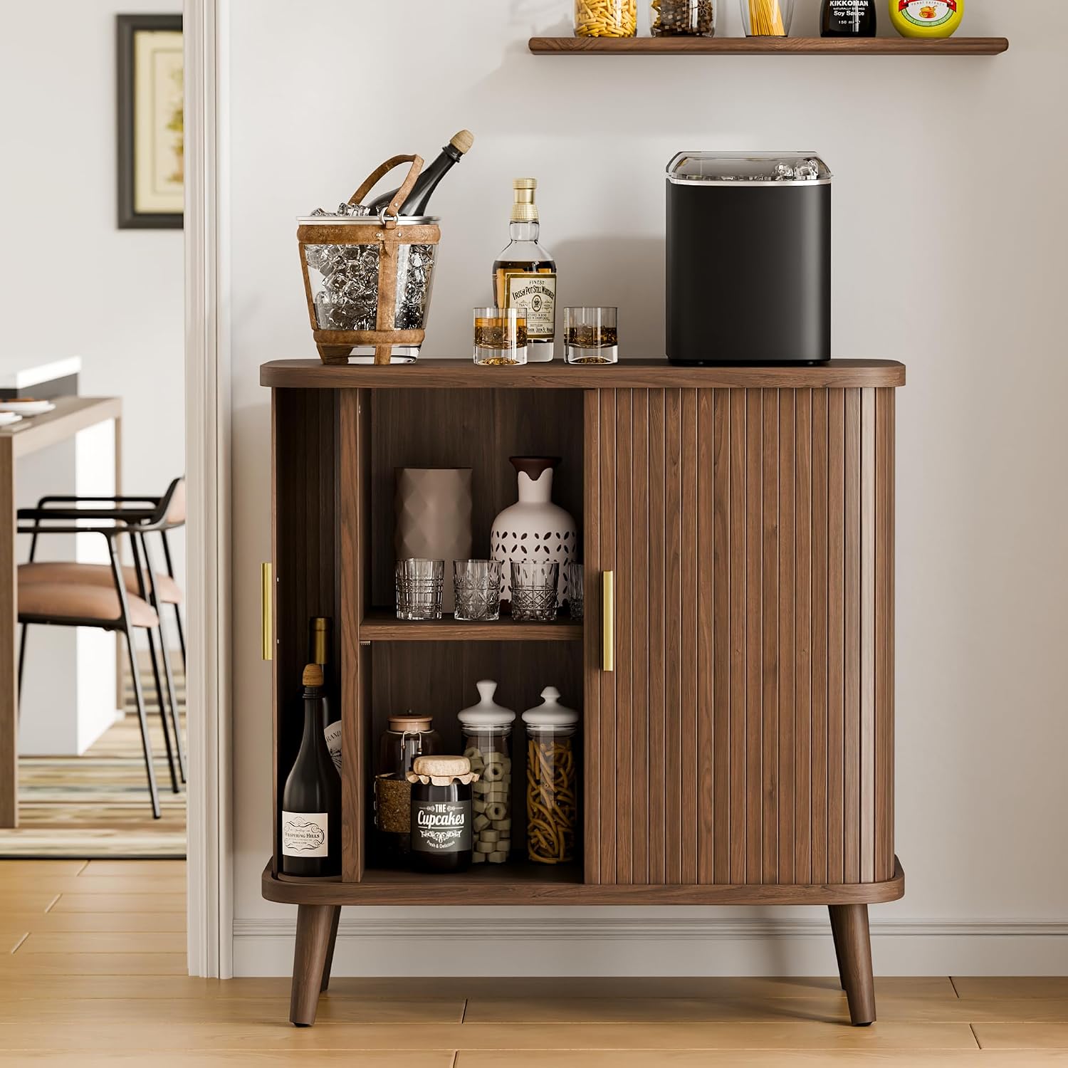 Lulive Walnut Buffet Cabinet, Sideboard Buffet Storage Cabinet with Rolling & Sliding Doors, Modern Bar Cabinet for Kitchen & Dining Room