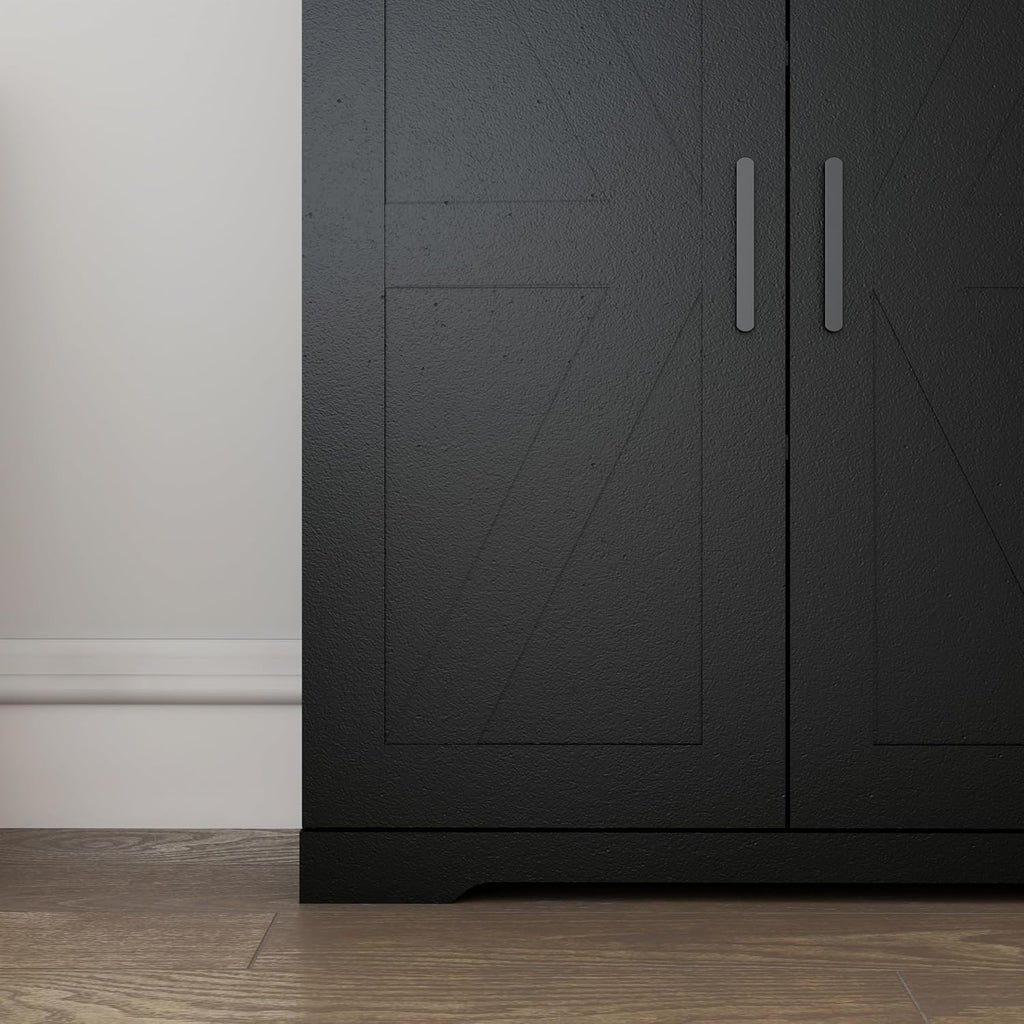 Farmhouse Storage Cabinet with 4 Door, Kitchen Pantry Storage with 4 Adjustable Shelves Wooden Cupboard for Kitchen, Dining Room, Living Room, Bathroom (Black)