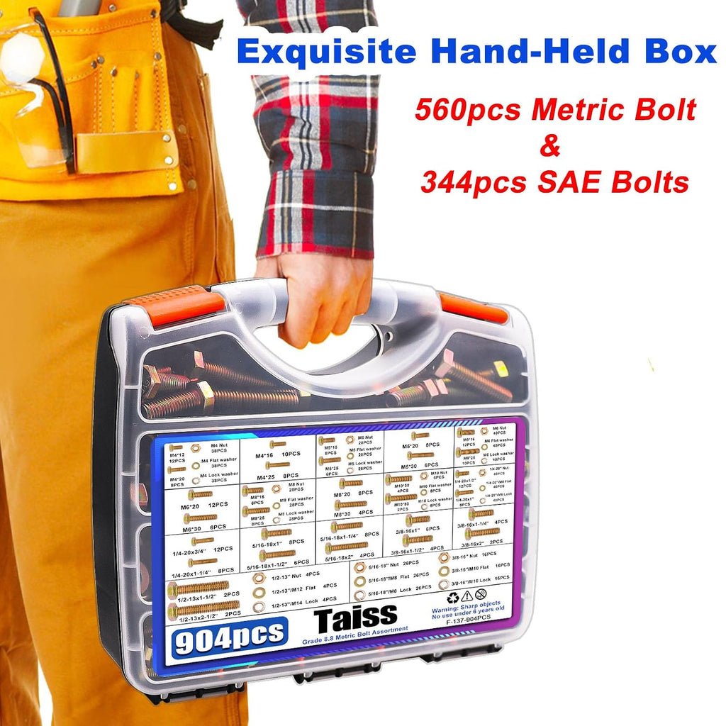 Taiss 904pcs Grade 8.8 Metric Bolt Assortment & SAE Nuts and Bolts Assortment Kit,M4 M5 M6 M8 M10 1/4-20,5/16-18,3/8-16 1/2-13(12-60mm)+618pcs Grade 8.8 Bolts and Nuts Kit,Bolt Assortment Kit
