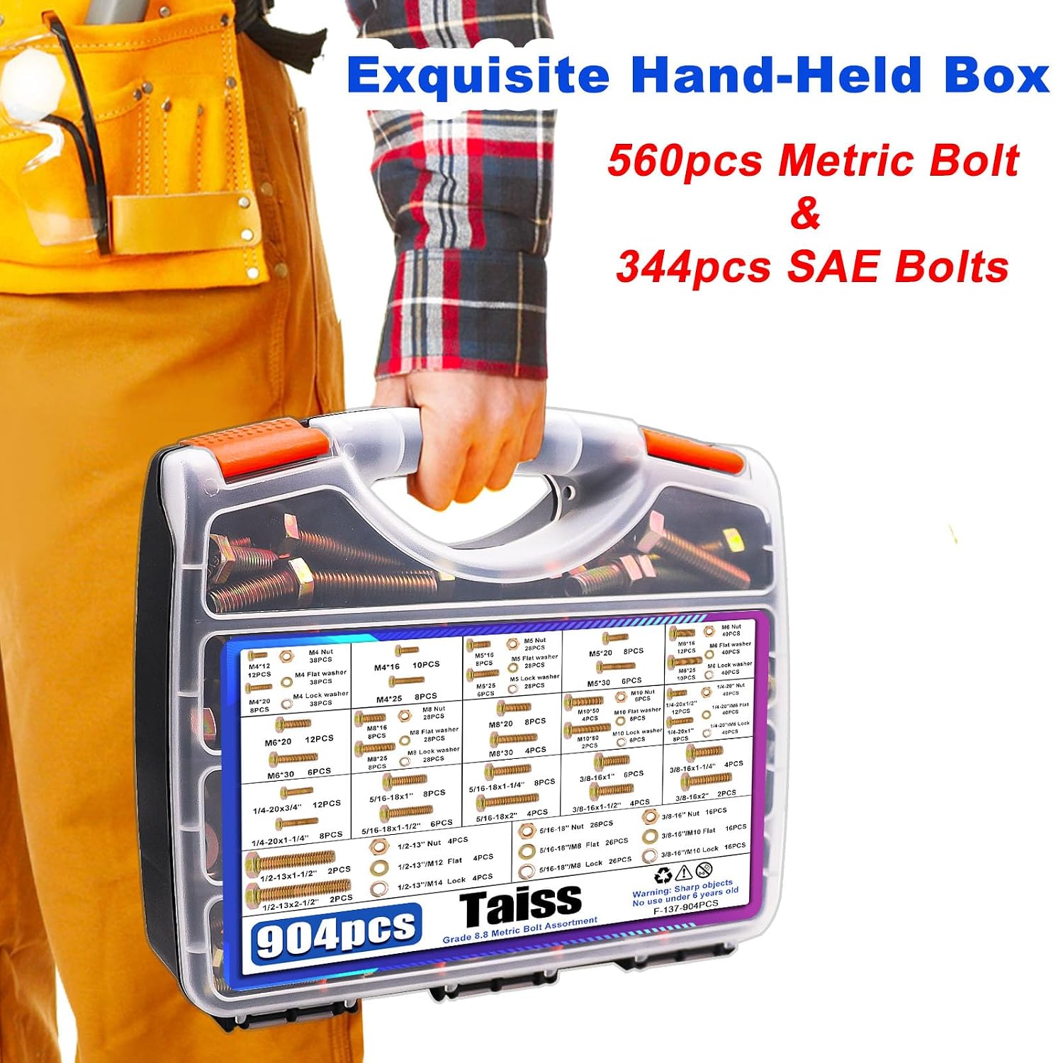 Taiss 904pcs Grade 8.8 Metric Bolt Assortment & SAE Nuts and Bolts Assortment Kit,M4 M5 M6 M8 M10 1/4-20,5/16-18,3/8-16 1/2-13(12-60mm)+618pcs Grade 8.8 Bolts and Nuts Kit,Bolt Assortment Kit