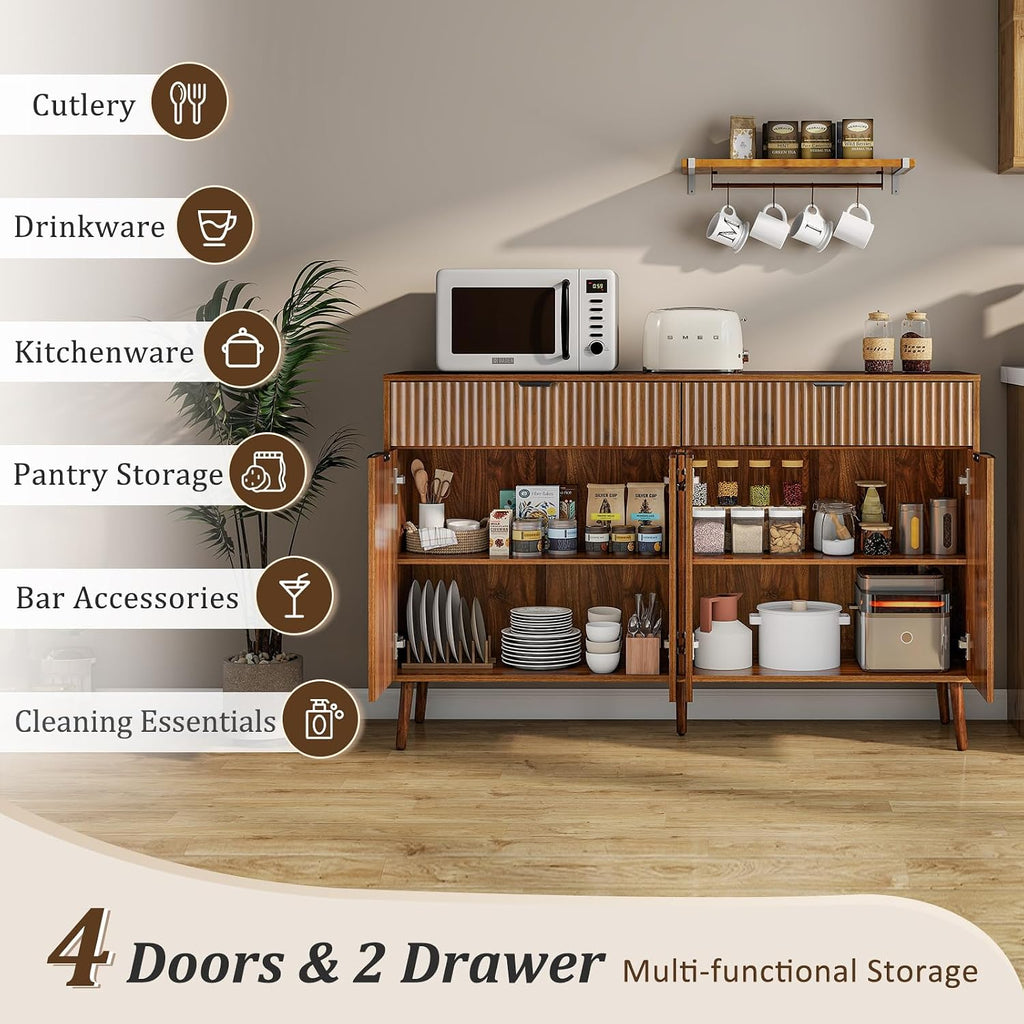 LYNCOHOME Fluted Sideboard Buffet Cabinet with Storage,2 Drawers and 4 Doors,Wood Coffee Bar Cabinet with Solid Wood Feet for Kitchen,Hallway