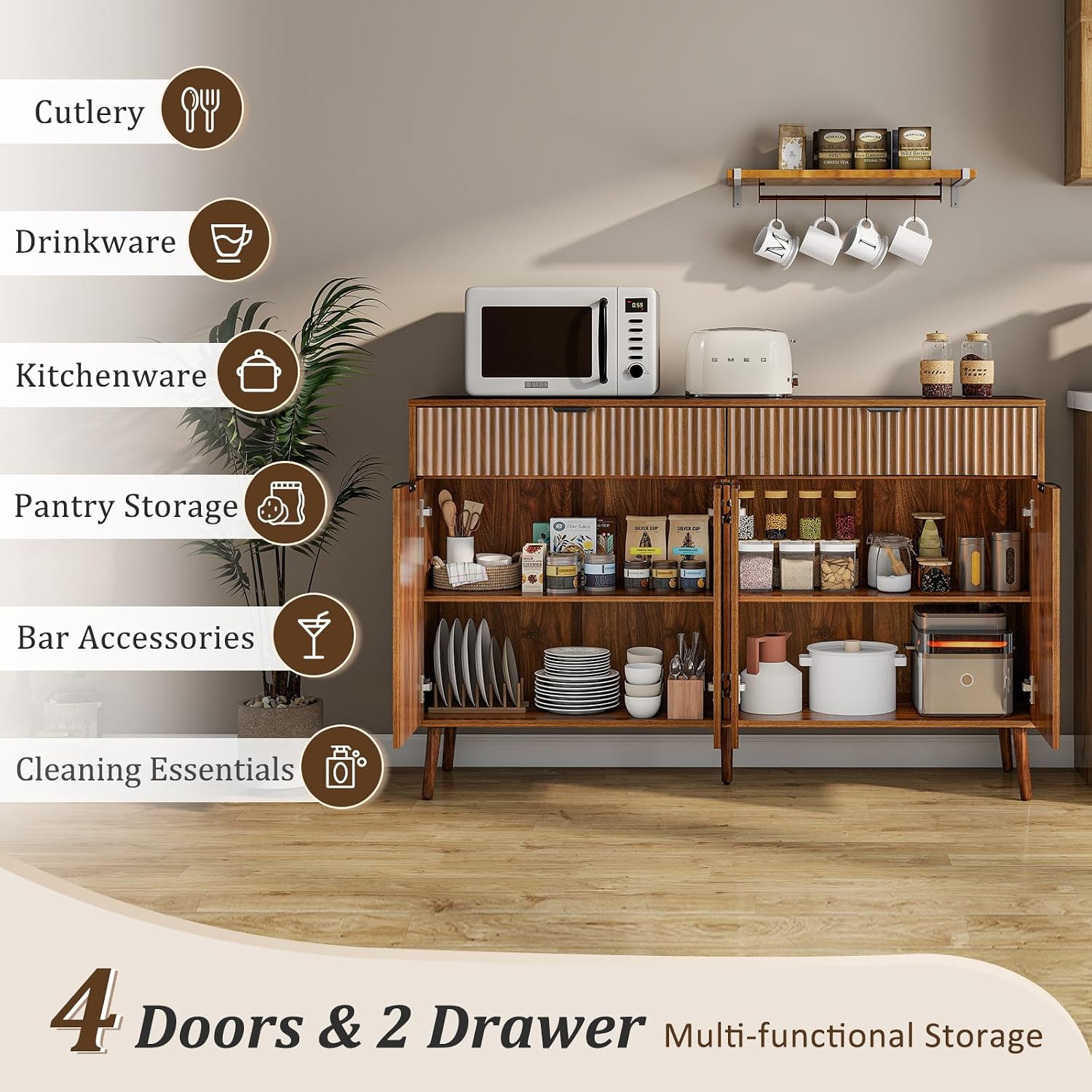 LYNCOHOME Fluted Sideboard Buffet Cabinet with Storage,2 Drawers and 4 Doors,Wood Coffee Bar Cabinet with Solid Wood Feet for Kitchen,Hallway