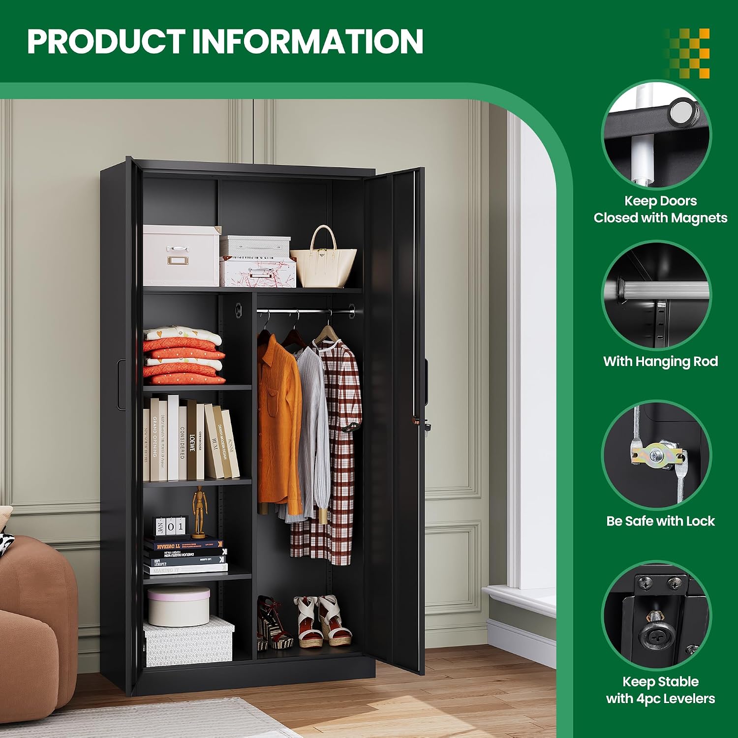 Broom Closet with Lock, Metal Storage Cabinet 36' Wide, 5-Tier Steel Utility Cabinet with Hanging Rod & Doors for Garage, Laundry Room, Warehouse Storage