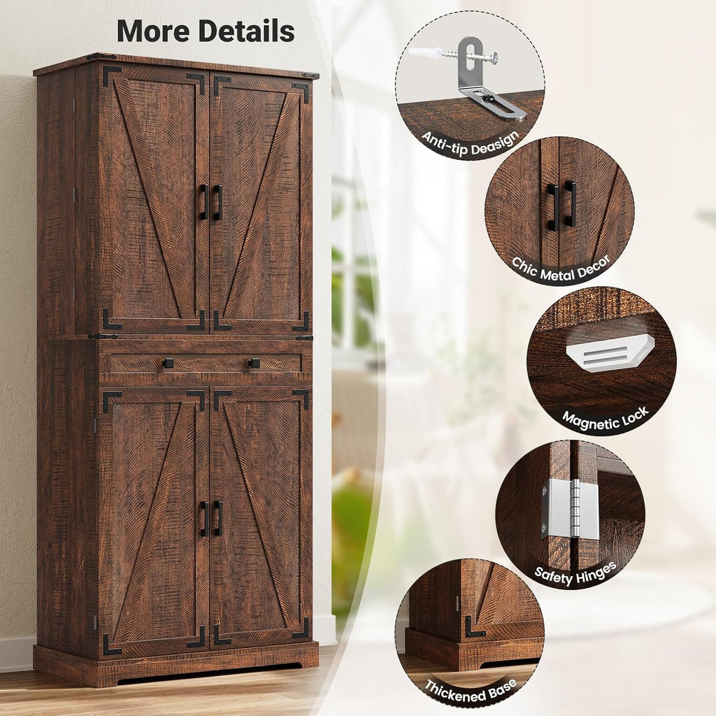 ELYKEN 72' Pantry Cabinet, Tall Kitchen Storage Cabinet with 3 Pull Out Shelves & 8 Door Shelves, Farmhouse Kitchen Pantry with Adjustable Shelf, Kitchen Hutch with Large Drawer, for Dining Room