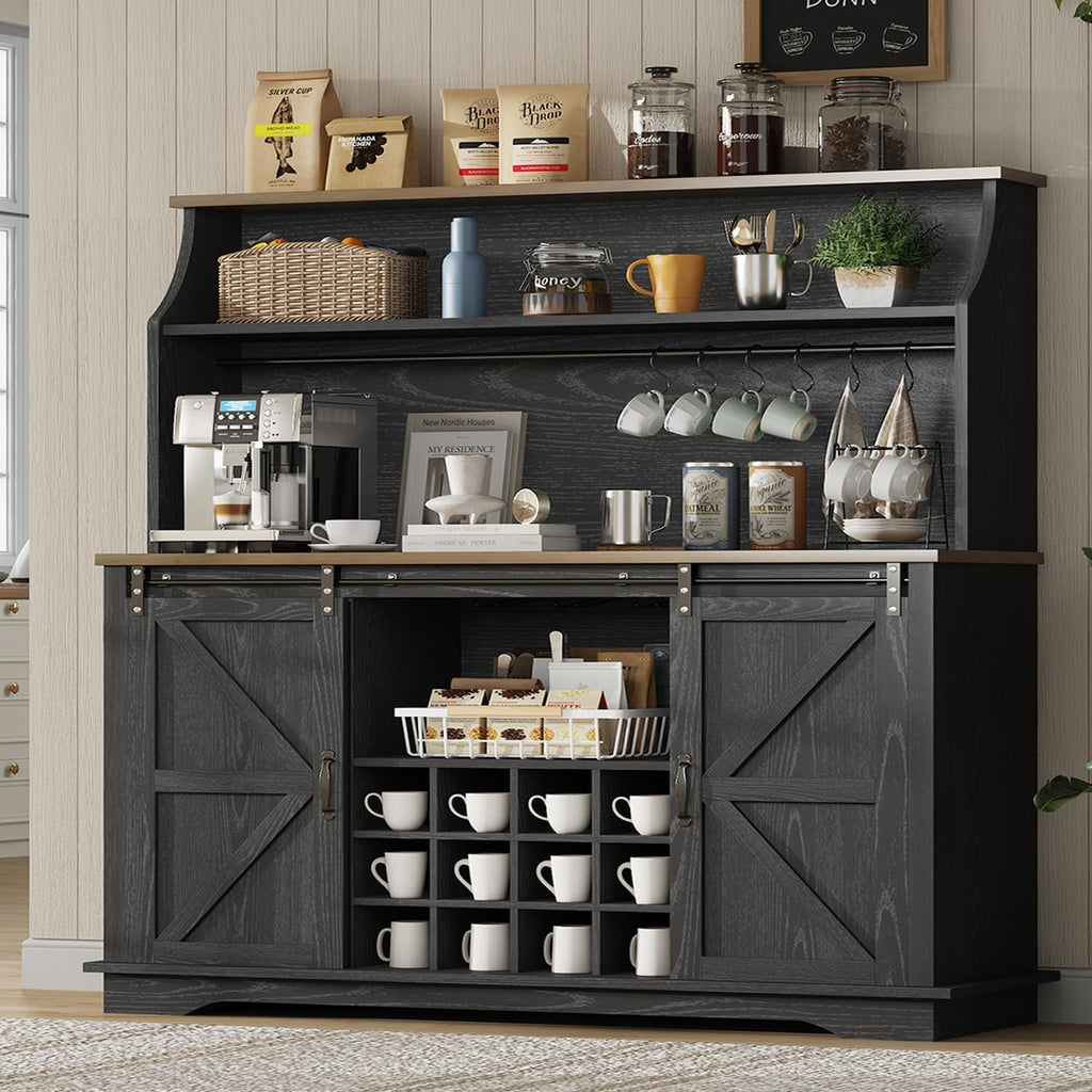 55 Inch Farmhouse Coffee Bar Cabinet with 3-Tier Enclosed Storage Cabinet, Kitchen Hutch with 12 Wine Racks & 3 Glass Holders, Coffee Bar with 6 Hooks, Wood Furniture for Dining Living Room, Black