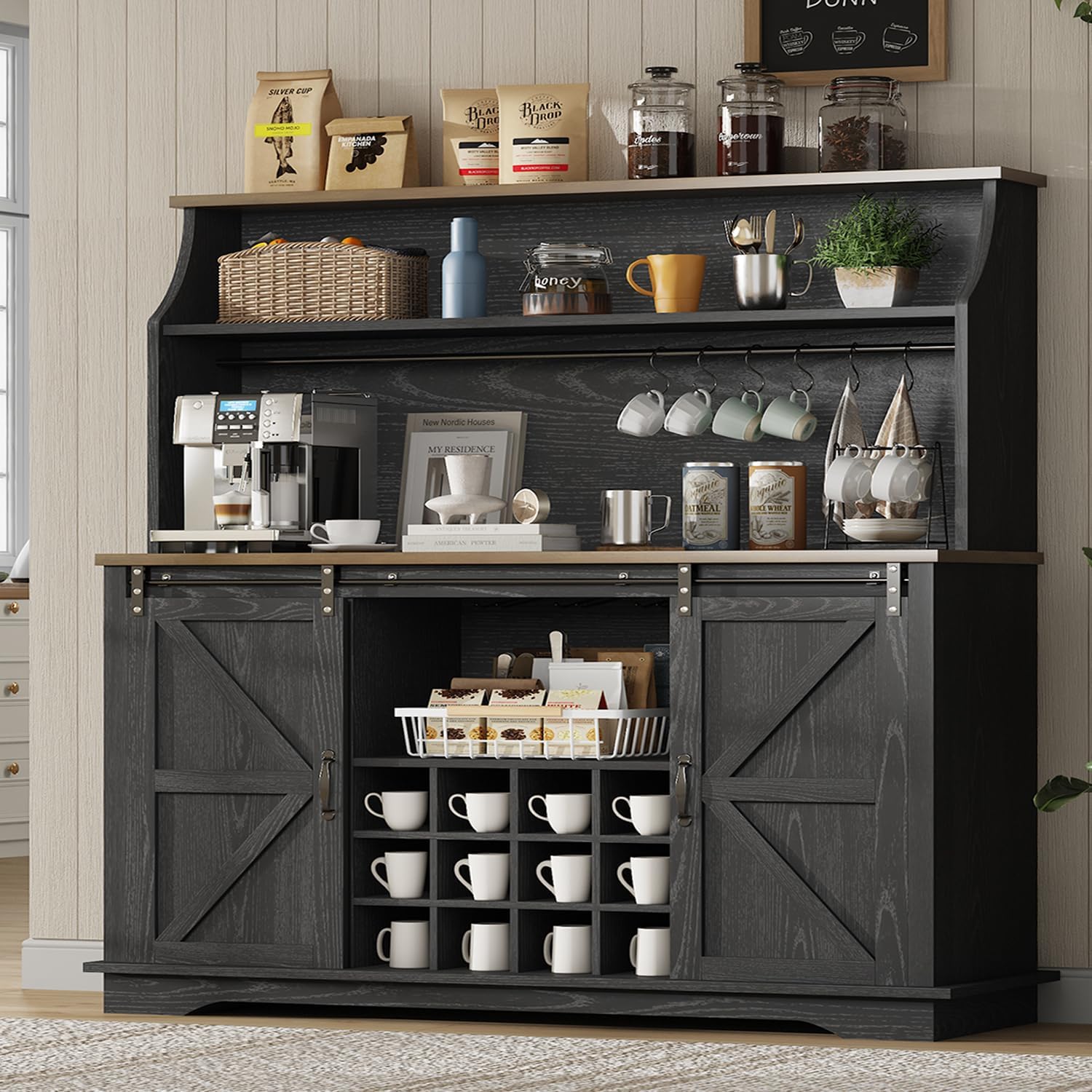 55 Inch Farmhouse Coffee Bar Cabinet with 3-Tier Enclosed Storage Cabinet, Kitchen Hutch with 12 Wine Racks & 3 Glass Holders, Coffee Bar with 6 Hooks, Wood Furniture for Dining Living Room, Black