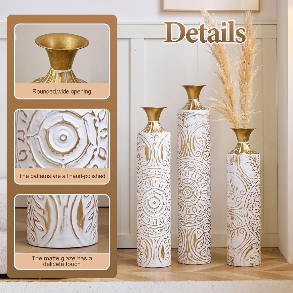 Tall Large Floor Vases Home Decor Set of 3 White and Gold Flower for Wedding Living Room Luxury Dried Flowers Antique Worn Vases 24'/28.7'/33.5' Height