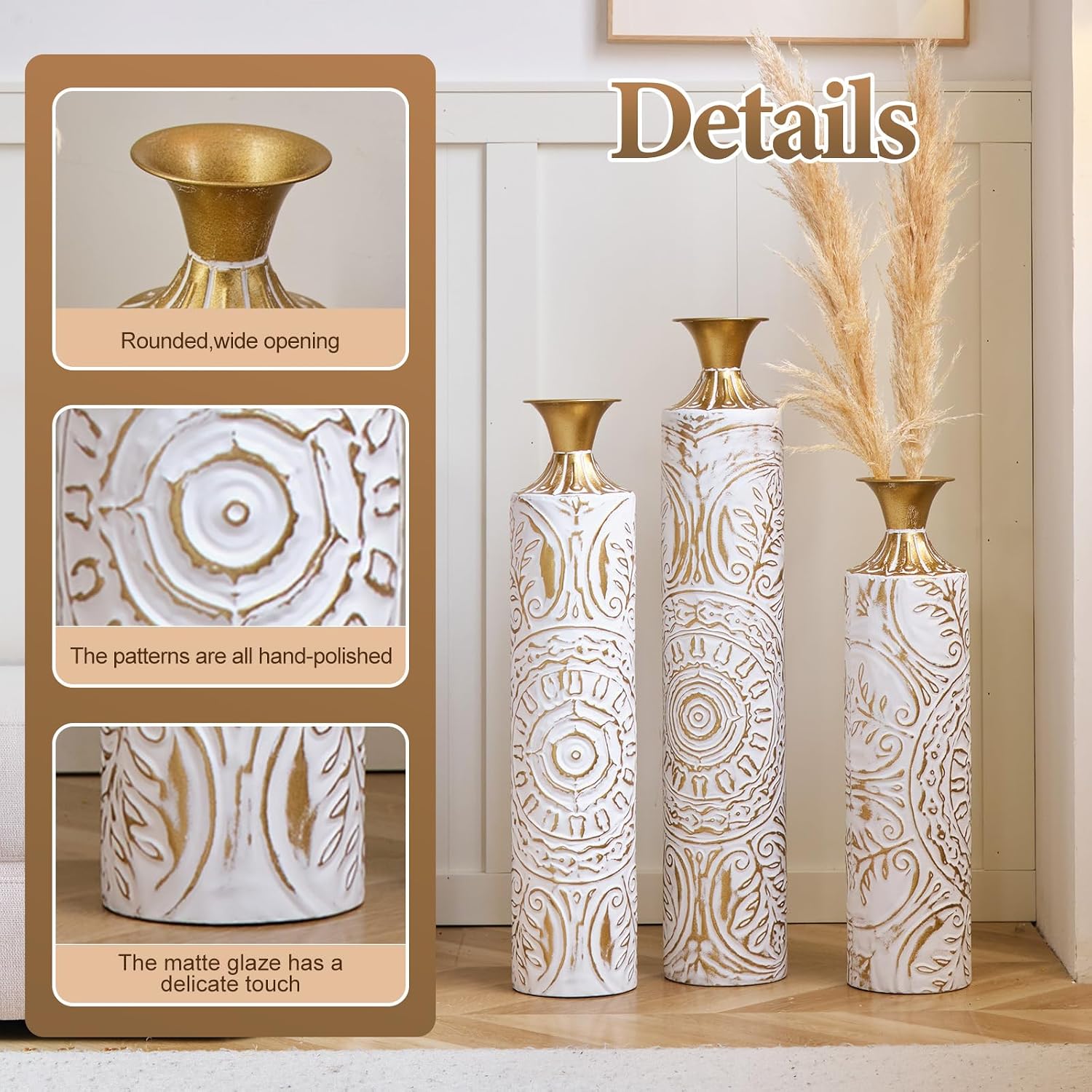Tall Large Floor Vases Home Decor Set of 3 White and Gold Flower for Wedding Living Room Luxury Dried Flowers Antique Worn Vases 24'/28.7'/33.5' Height