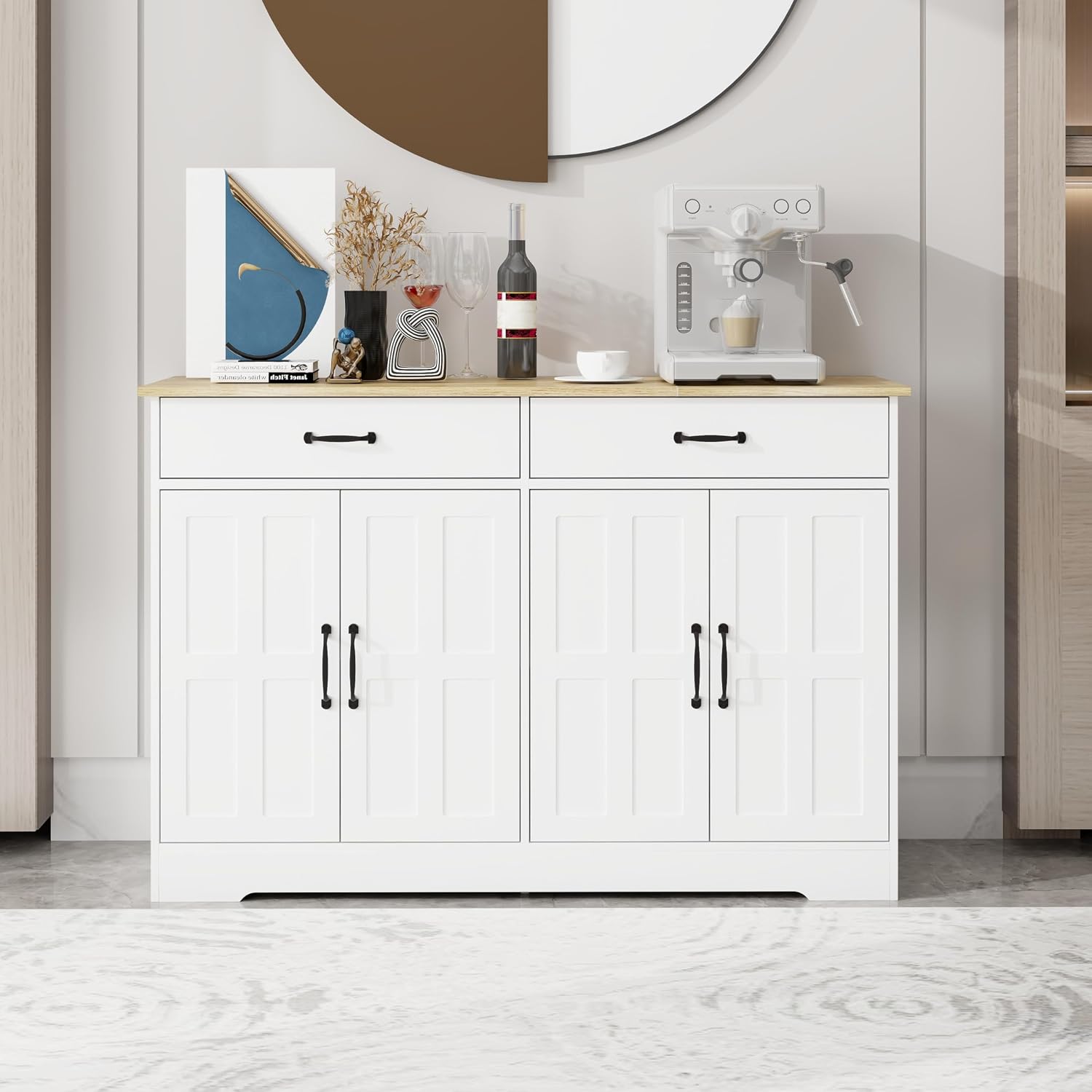 48' Farmhouse Freestanding Storage Cabinet, Kitchen Storage Bakers Rack with Drawers, Utility Food Cupboard for Home, White