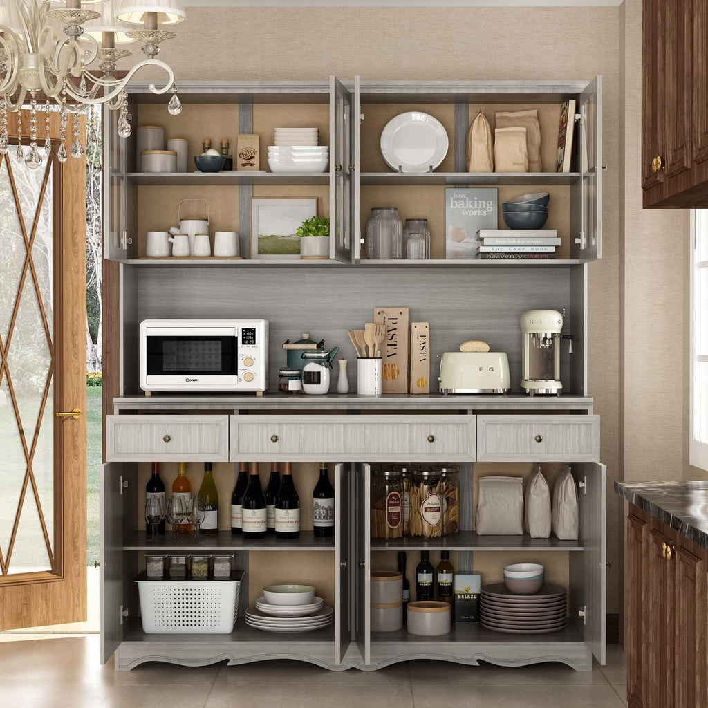 FUFU&GAGA 74.8' Tall Kitchen Pantry Cabinet with 5 Tiers Shelf, 8 Doors & 3 Drawers & Microwave Stand, Freestanding Hutch Cabinet with Buffet Cupboard for Kitchen, Dinningroom