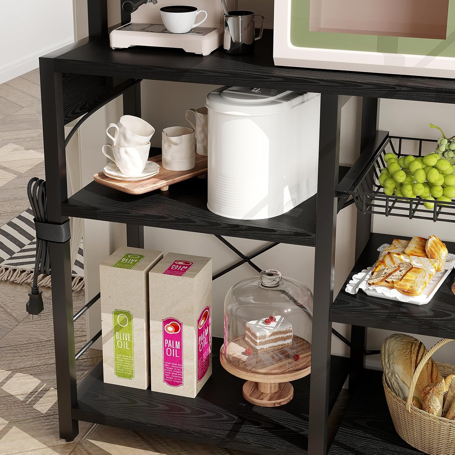 IDEALHOUSE Bakers Rack with Power Outlet, 6-Tier Coffee Bar Station with Wire Drawer, Industrial Microwave Stand, Kitchen Standing Bakers Racks with Large Storage, Hutch, Retro Black