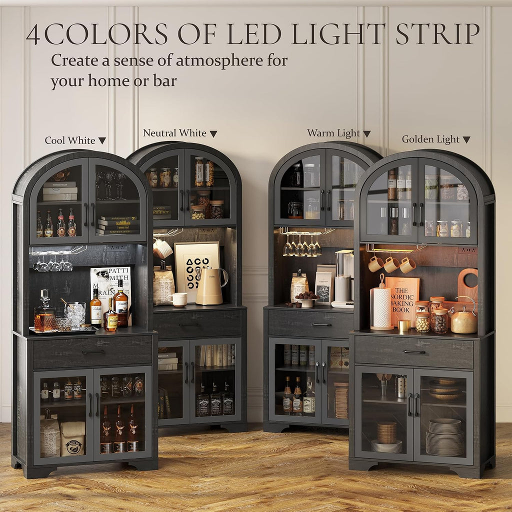 75' Tall Arched Pantry Cabinet with Charging Station & LED Light, Kitchen Pantry Cabinet with Microwave Stand, Drawers and Adjustable Shelf, Coffee Bar Liquor Cabinet for Dining Room