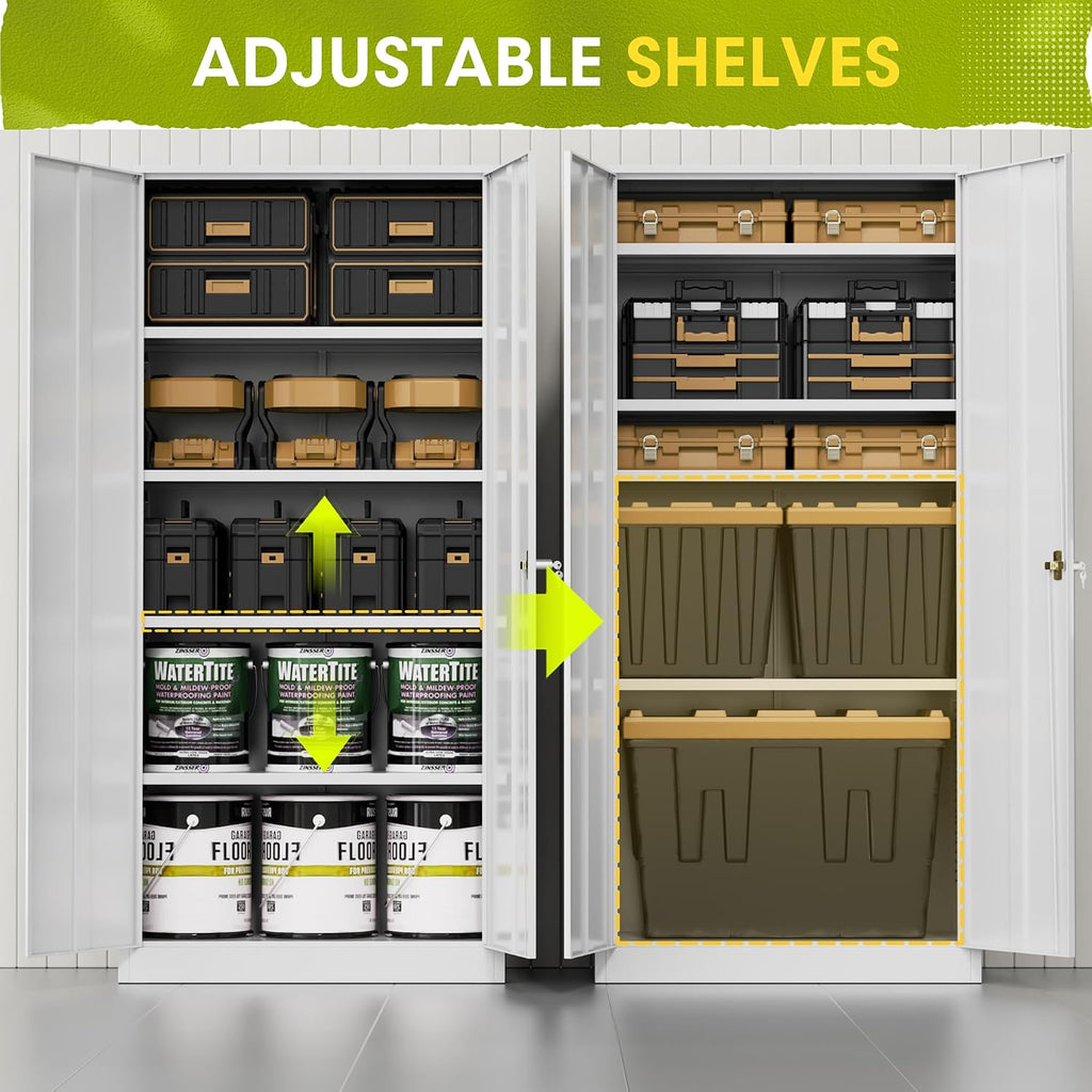 Greenvelly Metal Lockable Storage Cabinet, 72' Tall Storage Cabinet with 2 Doors and 4 Adjustable Shelves for Office, Home, Garage, Pantry (Assembly Required, 18'D, White)