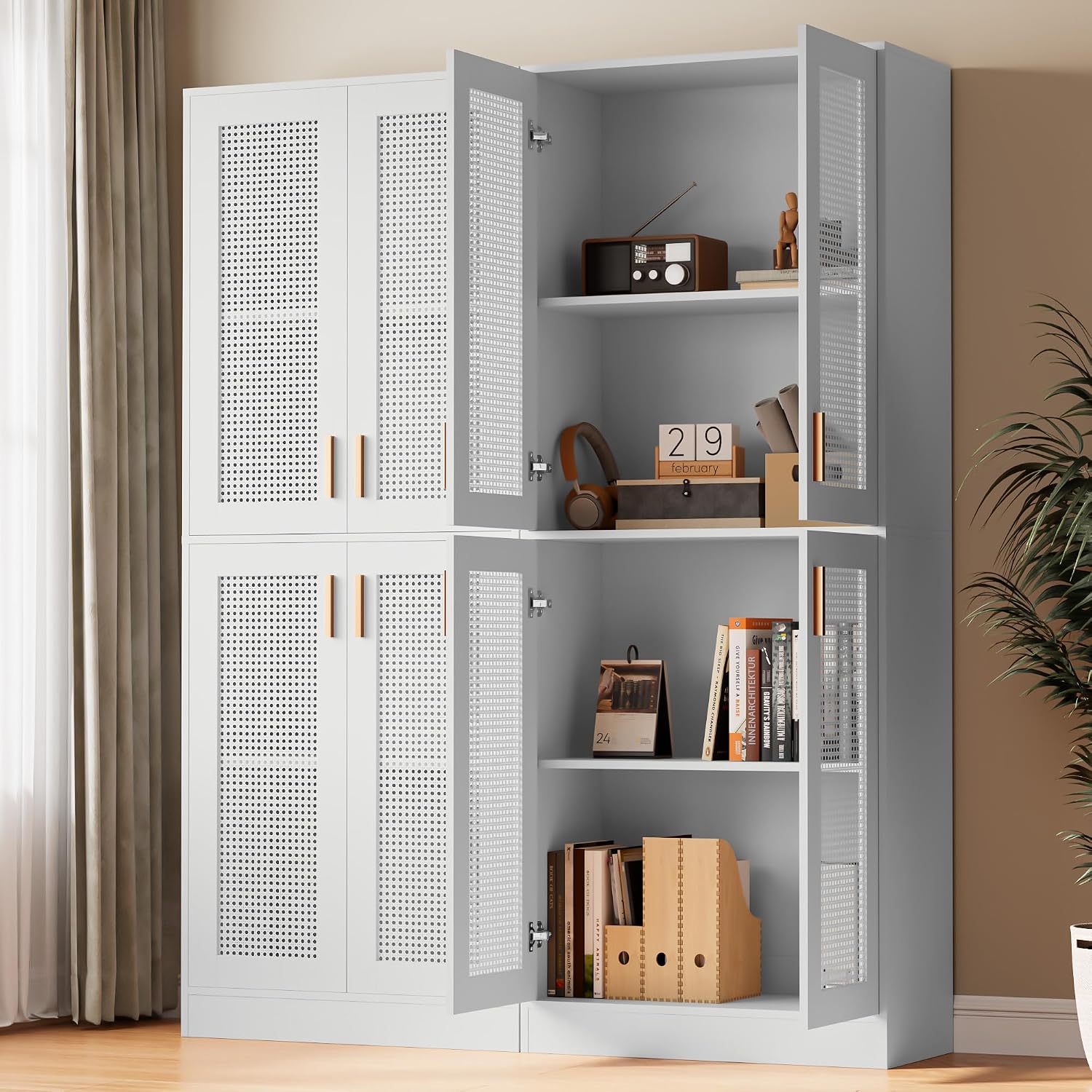 Cozy Castle Kitchen Pantry Cabinet, 71' Tall Rattan Doors Storage Cabinet and Adjustable Shelves, Modern Farmhouse Wood Cupboard Utility Hutch for Kitchen, Dining Room, Living Room (White)