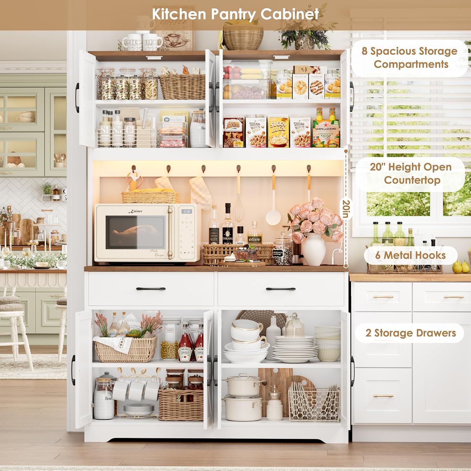 HIFIT 71' Tall Kitchen Pantry Cabinet with RGB LED and Charging Station, Farmhouse Coffee Bar Cabinet with Large Countertop and 6 Hooks, Kitchen Hutch Storage Cabinet, White