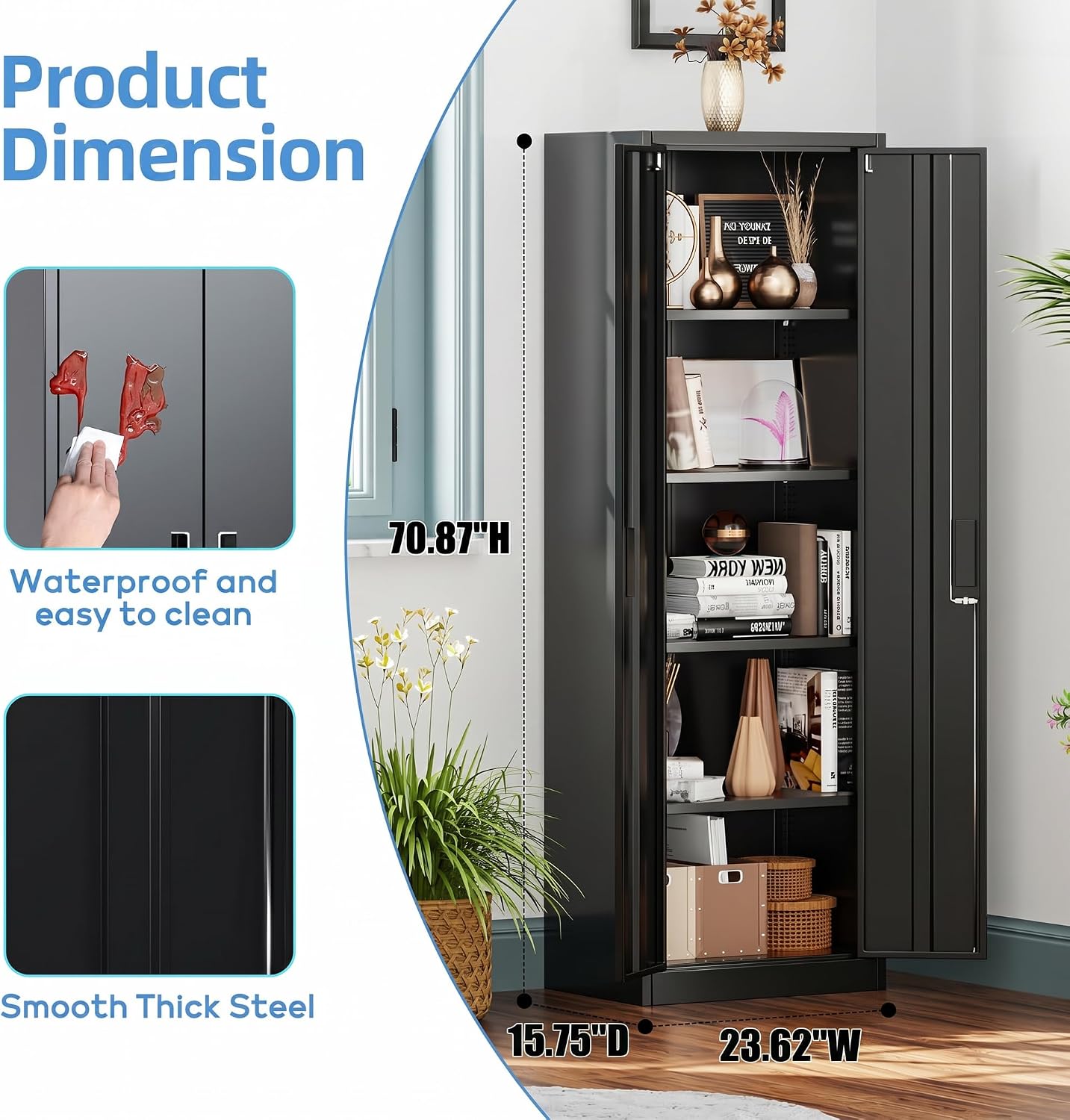 Narrow Metal Garage Storage Cabinet, Lockable Narrow Steel Storage Cabinet with 4 Adjustable Shelves for Garage, Office, Home, Assembly Required, Black, 15.75' D × 23.62' W × 70.87' H