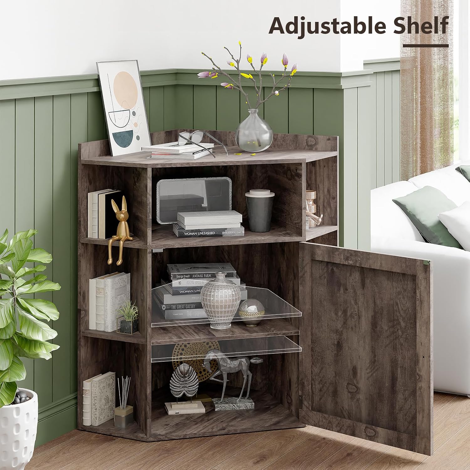 Vabches Corner Cabinet, Corner Storage Shelf with USB Ports and Outlets Industrial Organizer for Small Space Wooden 6-Cubby Bookshelf for Study, Playroom, Living Room (Rustic Grey)