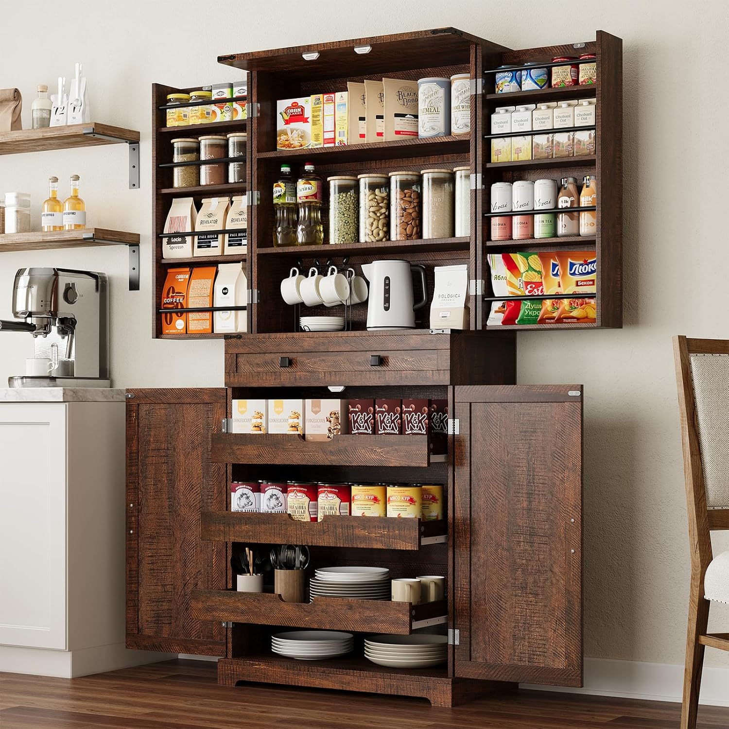 ELYKEN 72' Pantry Cabinet, Tall Kitchen Storage Cabinet with 3 Pull Out Shelves & 8 Door Shelves, Farmhouse Kitchen Pantry with Adjustable Shelf, Kitchen Hutch with Large Drawer, for Dining Room