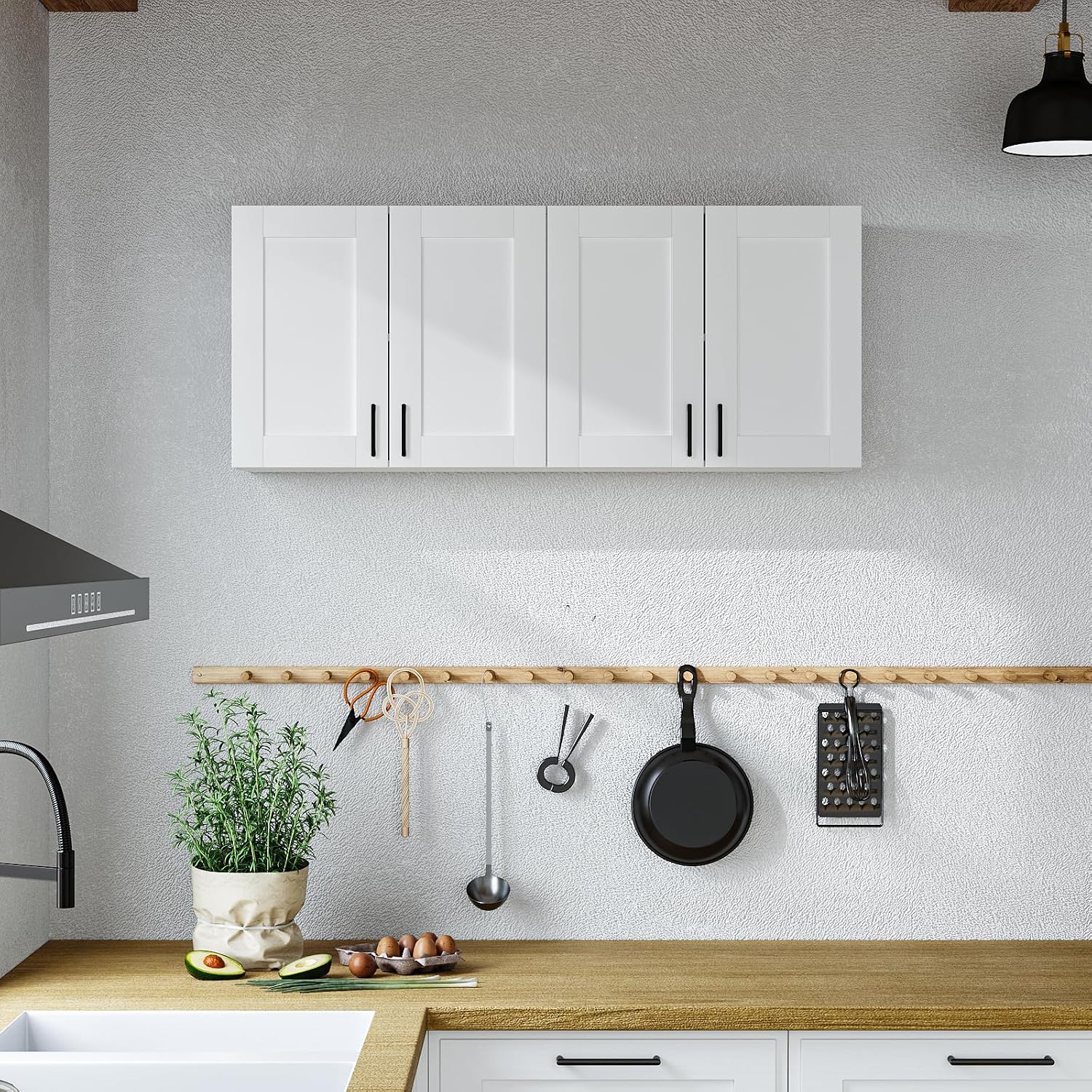 Wooden White Laundry Room Cabinets and Storage with 4 Doors and Adjustable Shelf，Gabinetes para Cocina Cupboard Kitchen Organizers and Storage Pantry Wall Mounted 12.4' D x 47.2' W x 19.7' H