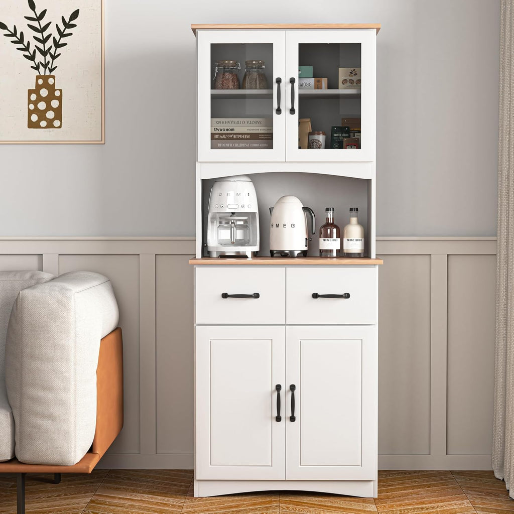 Wooden-Style Kitchen Cabinet with Framed Glass Doors & Drawer - Microwave Stand with Storage, Adjustable Shelfes for Kitchen, Dining Room (White)