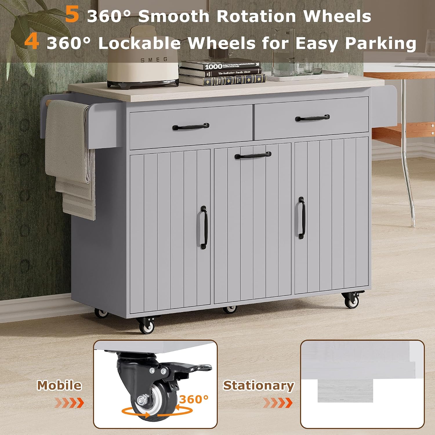 Rolling Kitchen Island Carton Wheels with Trash Can Storage Cabinet, Drop Leaf, Spice Rack, Towel Rack, Drawer, Adjustable Shelf for Dining Room Kitchens Grey