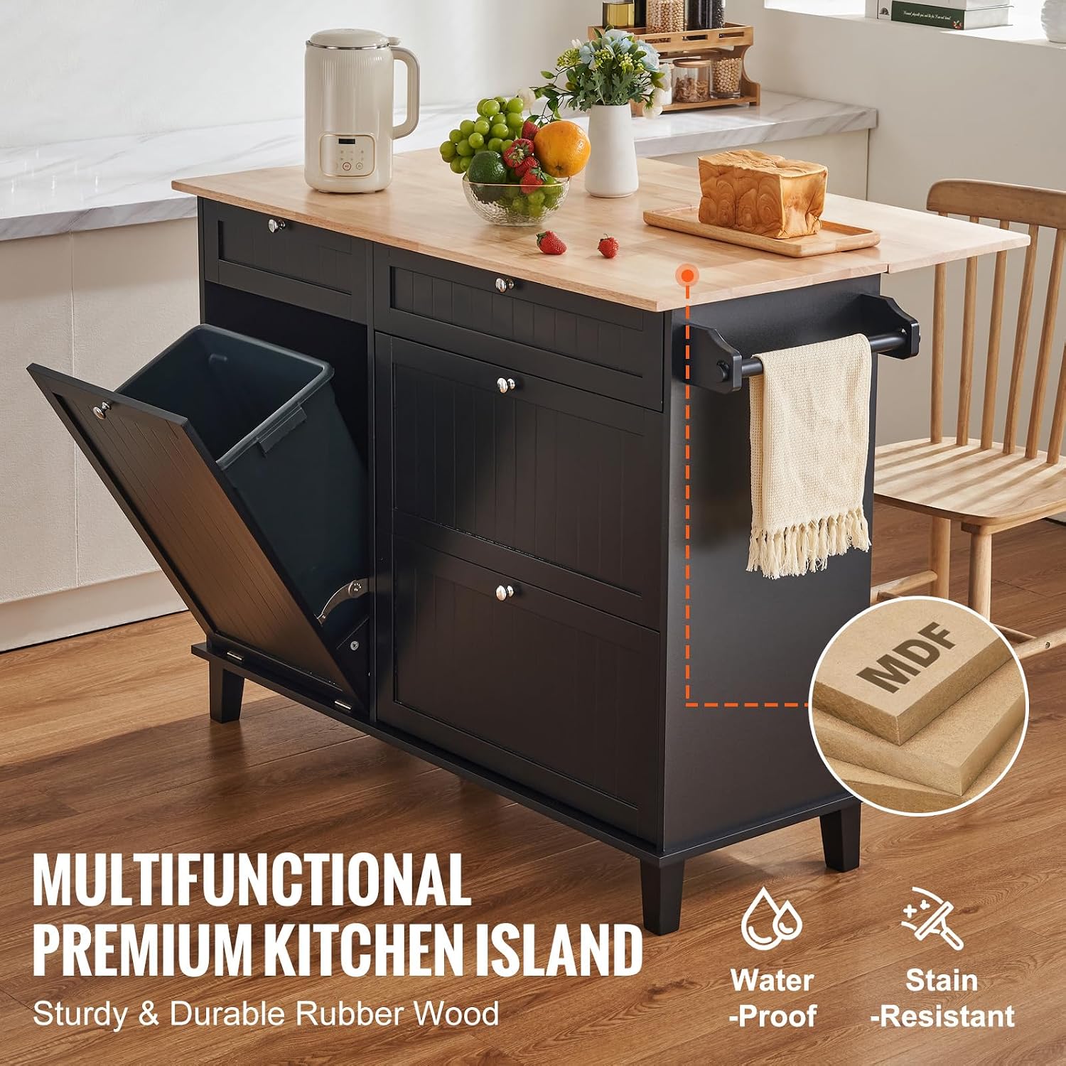 53' Rubber Wood Cupboard, Storage Cabinet with Multi-Functional Hooks, Food Pantry Cabinet with Built-in Trash Cabinet for Kitchen Use, Black
