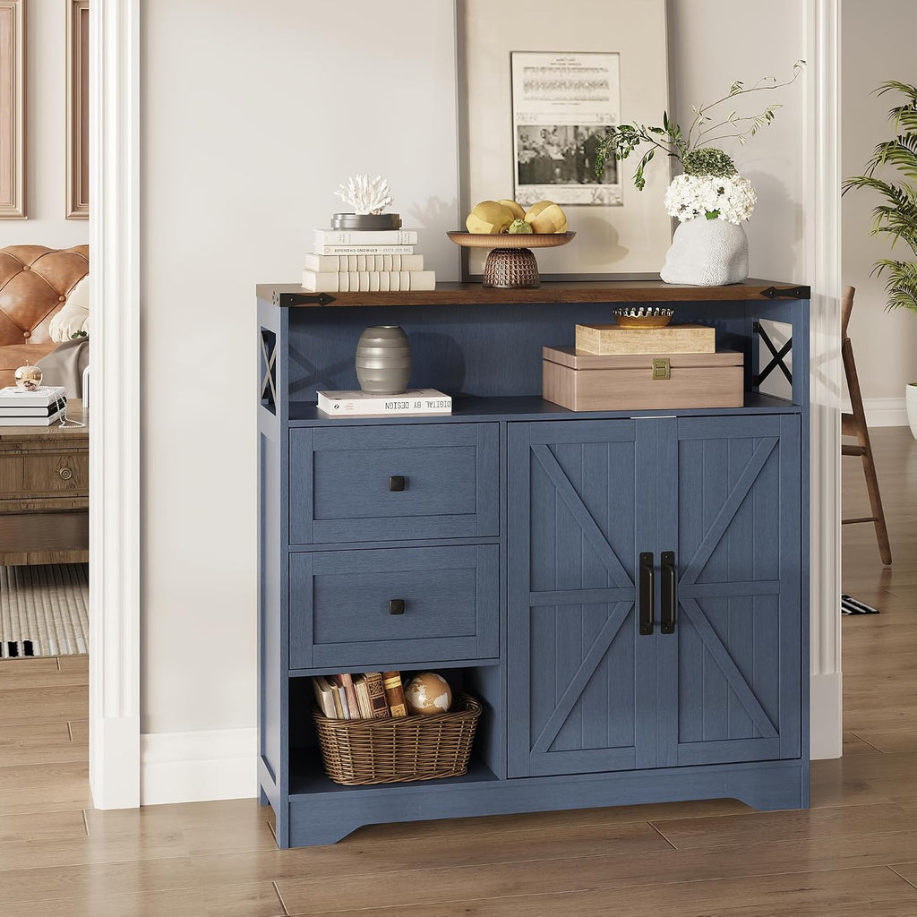 Fameill Farmhouse Storage Cabinet with Drawers and Open Storage,Freestanding Kitchen Pantry with 2 Barn Doors, Floor Cabinet with Adjustable Shelf for Living Room, Blue