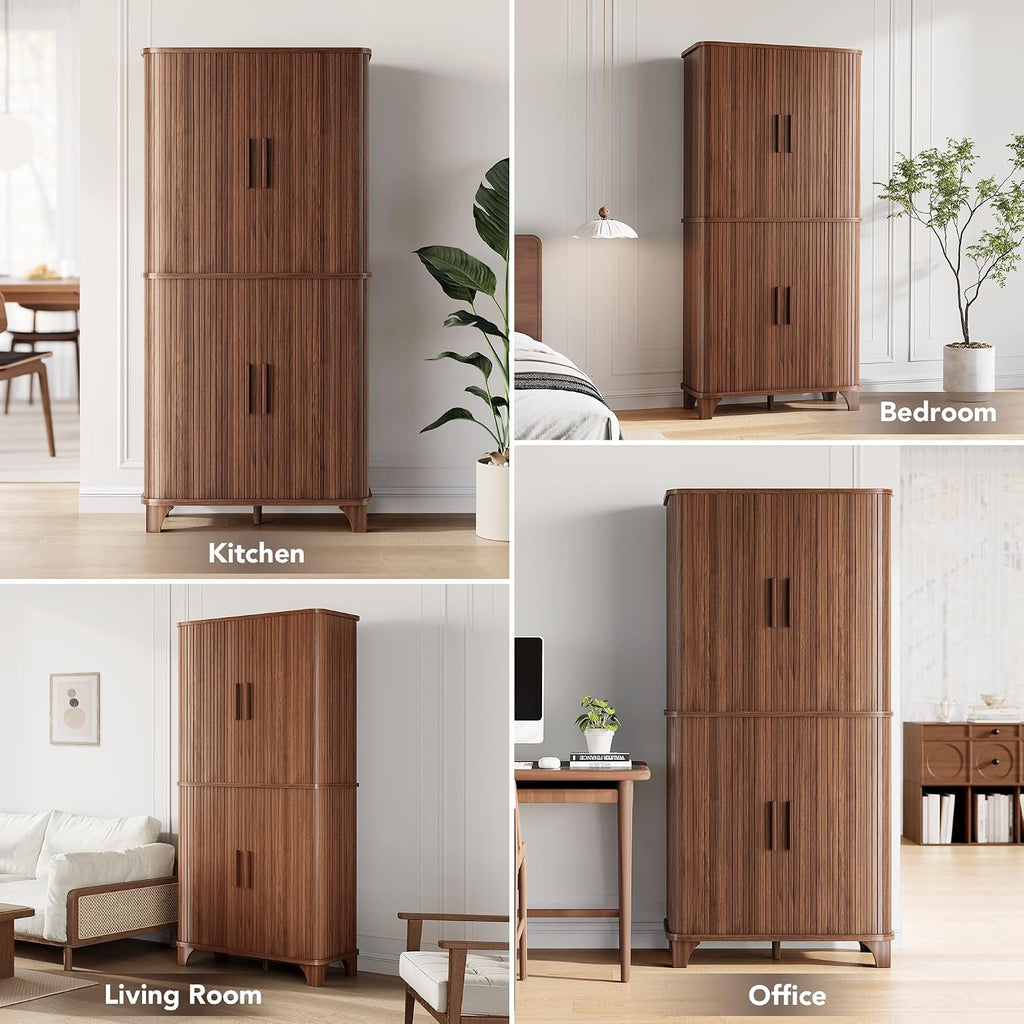 Decofy 69' Tall Kitchen Pantry Storage Cabinet with Sliding Door, Modern Curved Edge Pantry Storage Cabinet with 5 Shelves, Cupboard for the Kitchen, Dining Room, Bedroom, Living Room, Office (Walnut)