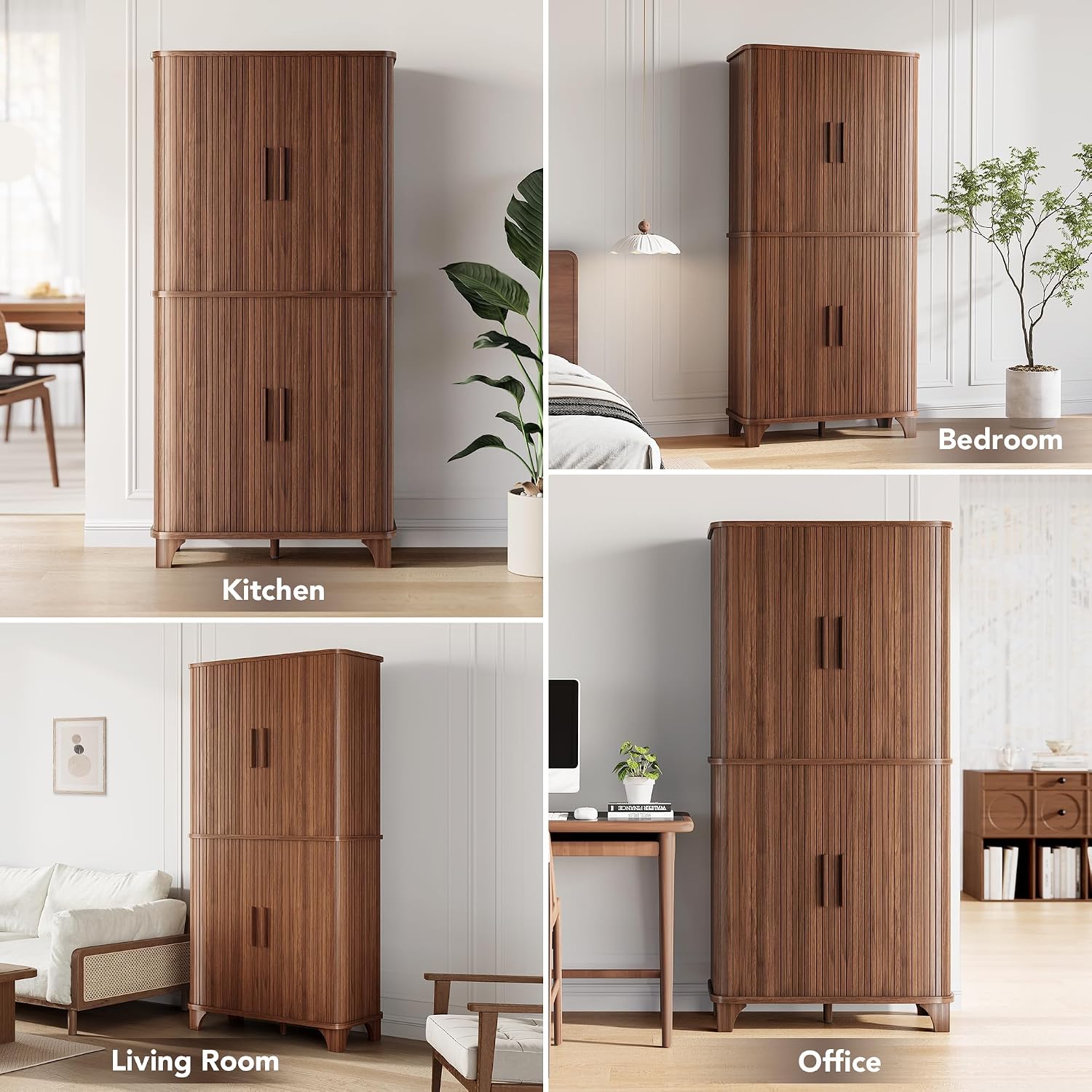 Decofy 69' Tall Kitchen Pantry Storage Cabinet with Sliding Door, Modern Curved Edge Pantry Storage Cabinet with 5 Shelves, Cupboard for the Kitchen, Dining Room, Bedroom, Living Room, Office (Walnut)