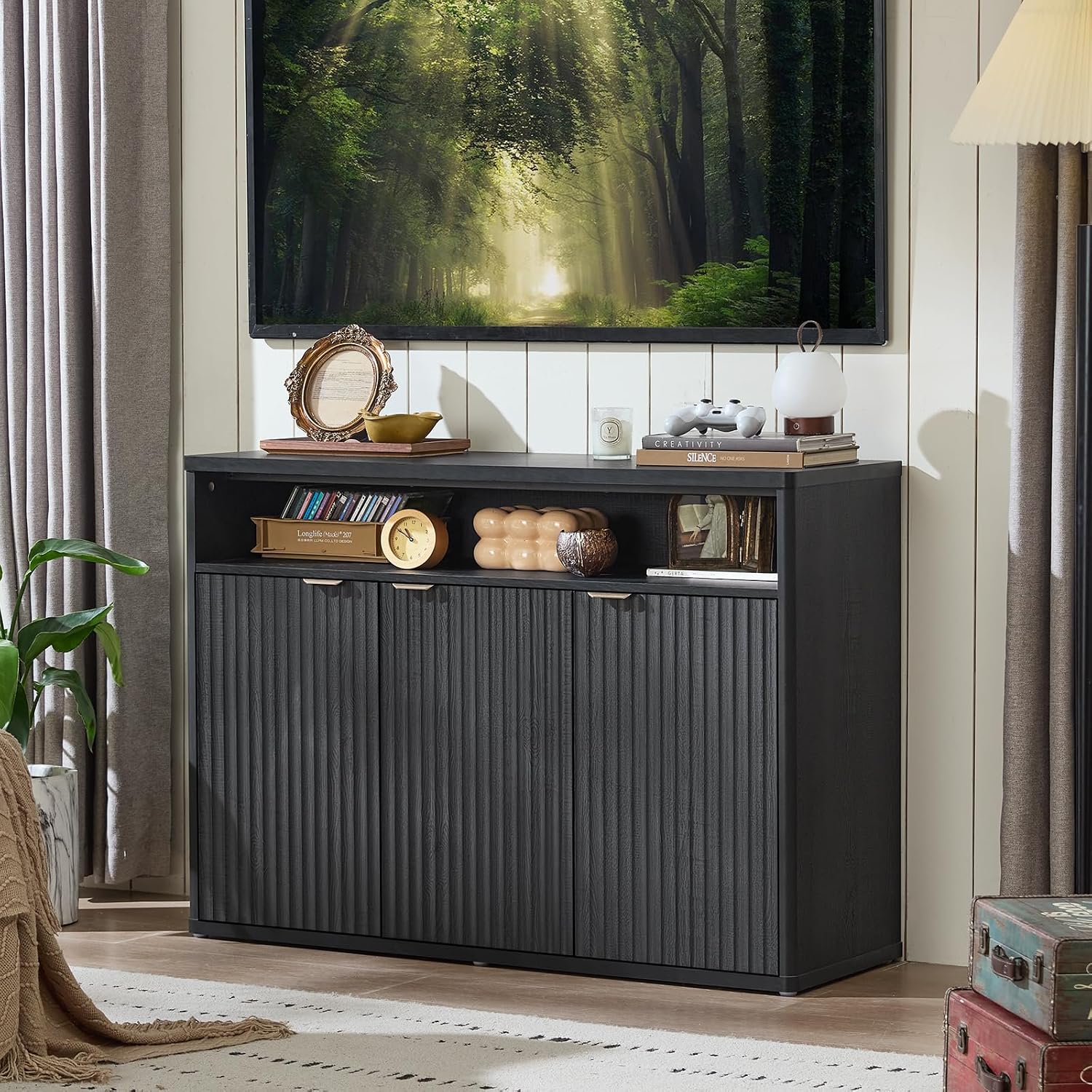 LEYAOYAO Fluted Buffet Cabinet with Storage, 45' Wide Wood Sideboard Credenza with 3 Doors & Open Storage Shelf, Modern Kitchen Console Accent Cabinets, Coffee Bar Table for Dining Room, Black Oak