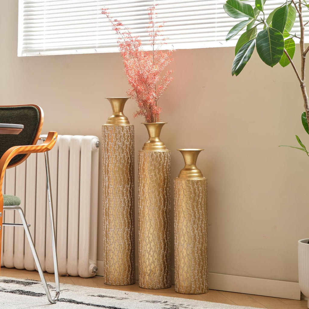 Floor Vases Decorative Tall - 34/29/25in Metal Extra Large Decorative Vase Set of 3, Gold Tall Floor Vase for Home Decor, Living Room Entryway Decor Dining Bedroom Home Corner Indoor Office