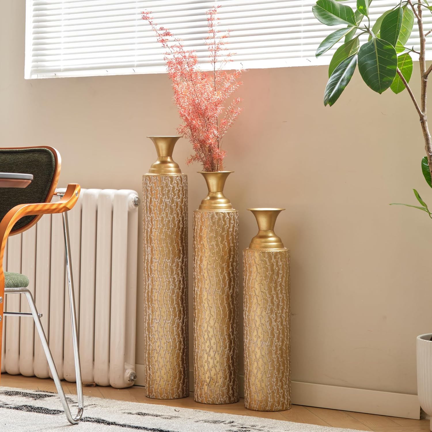 Floor Vases Decorative Tall - 34/29/25in Metal Extra Large Decorative Vase Set of 3, Gold Tall Floor Vase for Home Decor, Living Room Entryway Decor Dining Bedroom Home Corner Indoor Office