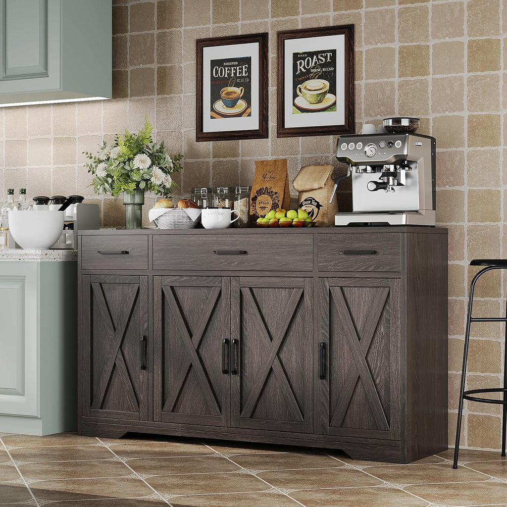 Garvee 55 in Large Buffet Sideboard Cabinet with Storage 4 Doors and 3 Drawers Kitchen Storage Cabinet Coffee Bar Buffet Table for Dining Room, Living Room, Adjustable Shelf