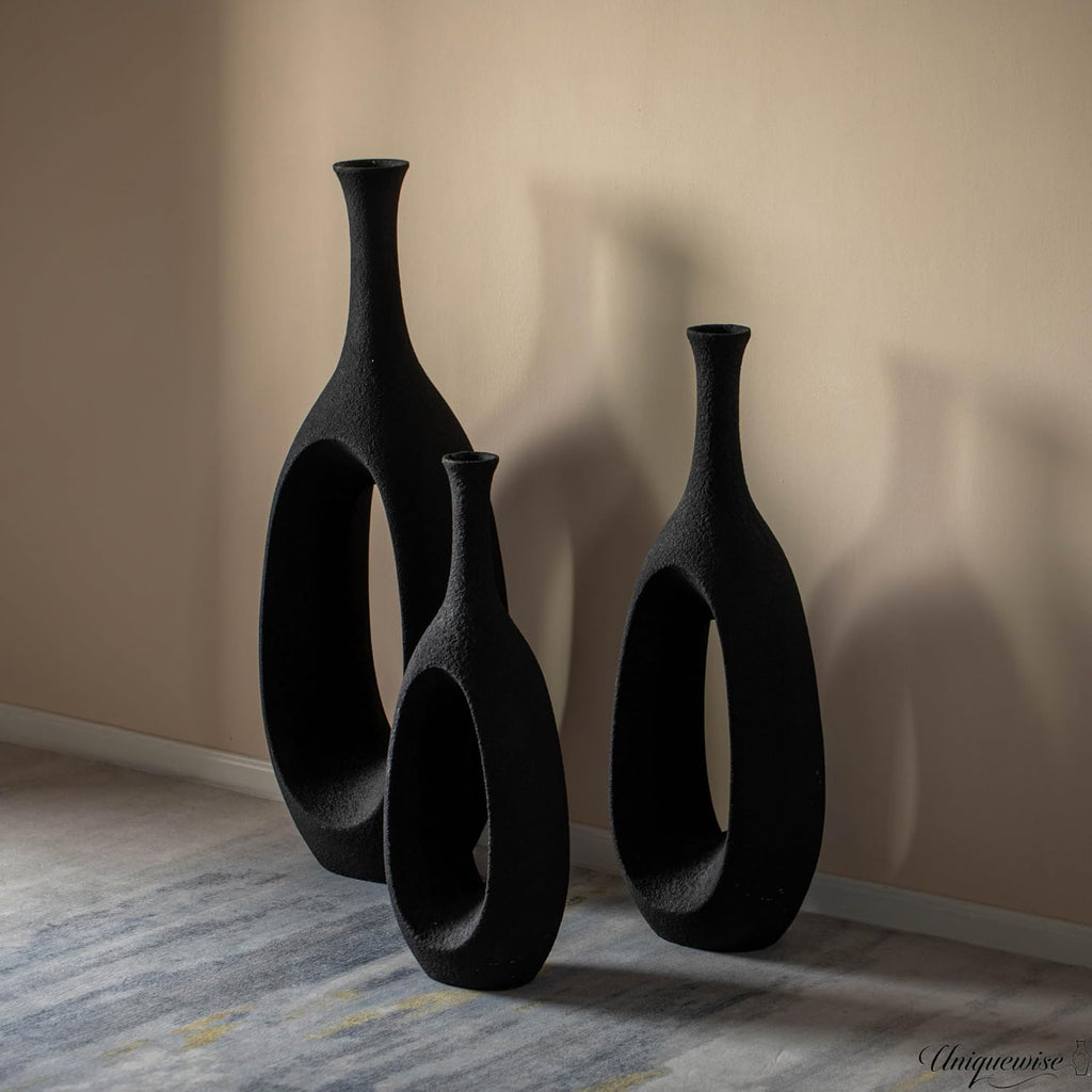 Set of 3 Frosted Black Fiberglass Tall Floor Vase - Decorative Vase for Modern Home Decor, Perfect for Living Room, Home Office, Bedroom, Kitchen, Coffee Bar, Farmhouse Decor, and Wedding Centerpieces