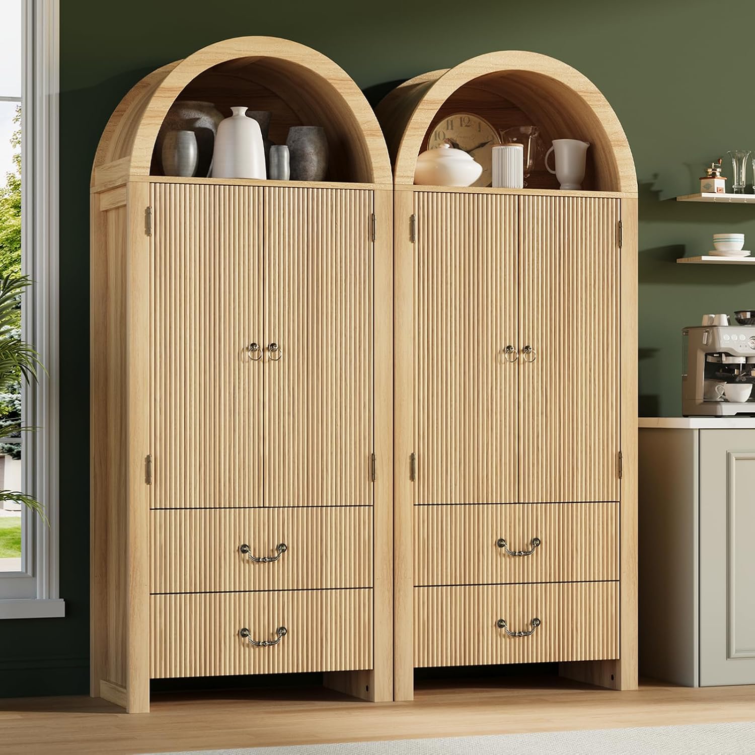 FURSUN 71' Tall Fluted Arched Cabinet Set of 2, Wood Pantry Storage Cabinet with 2 Large Drawers, Modern Versatile Bookcase for Living Room, Kitchen, Dining, Natural Oak