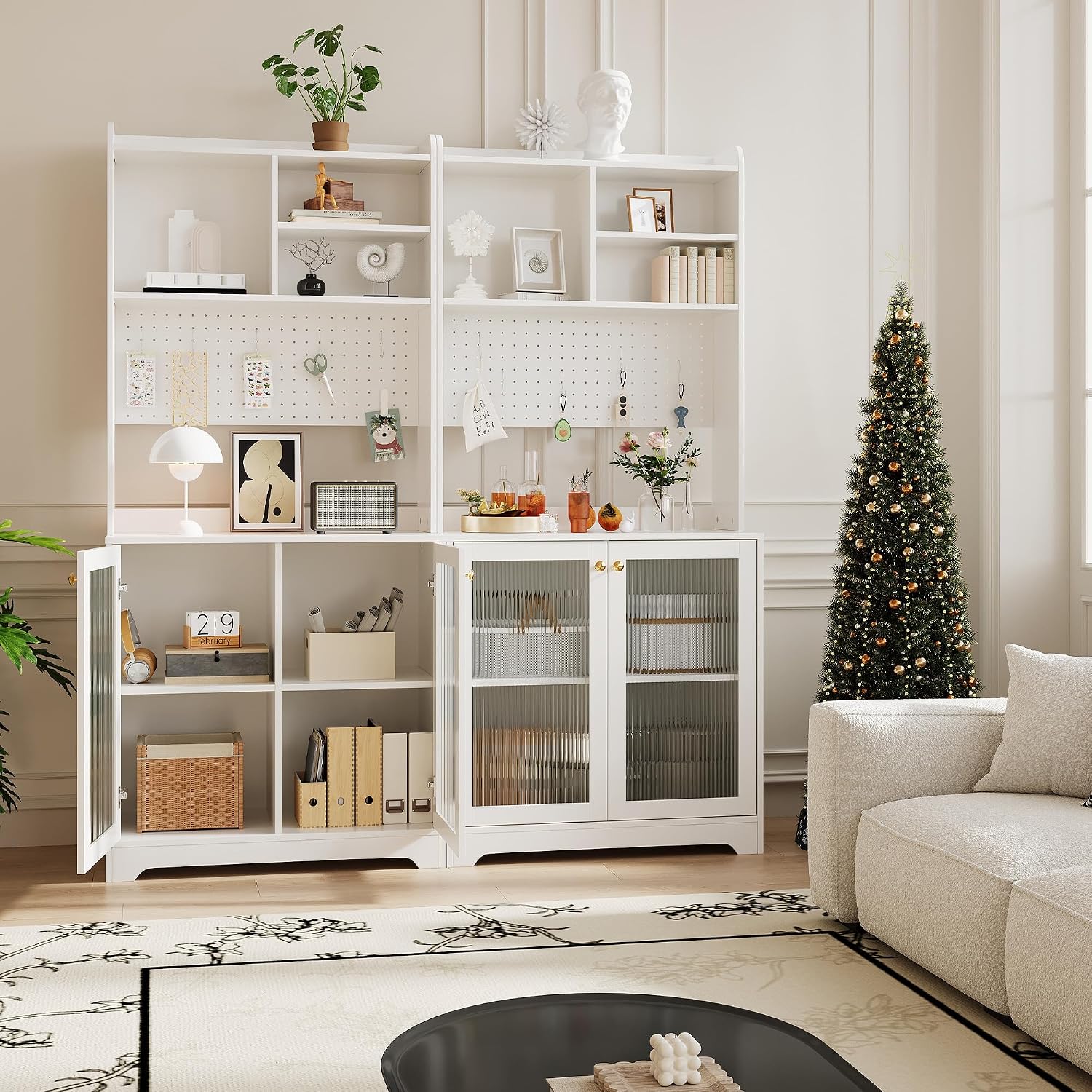 GarveeHome 71 in Pantry Storage Cabinet with Doors, Kitchen Storage Cabinets with DIY Pegboard & Adjustable Shelves, Hutch Cabinet for Kitchen Dining Room Living Room(31.5 in x15.5 in x71 in), White