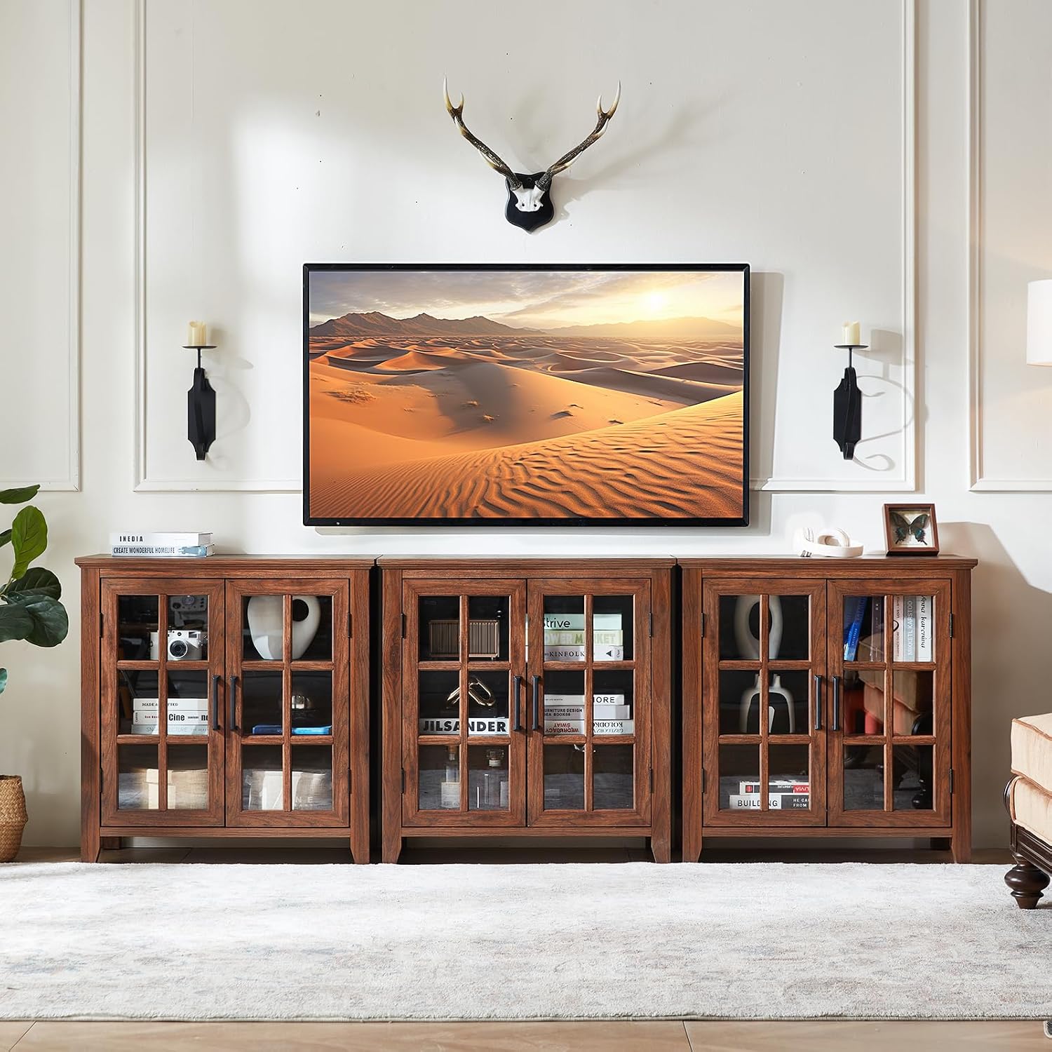 Large Sideboard Buffet Cabinet with Storage, 32' Farmhouse Brown Kitchen Coffee Wine Bar Cabinet with 2 Glass Doors, Wood Mid Century Modern Side Board Table for Dining Room, Living Room (3PCS)