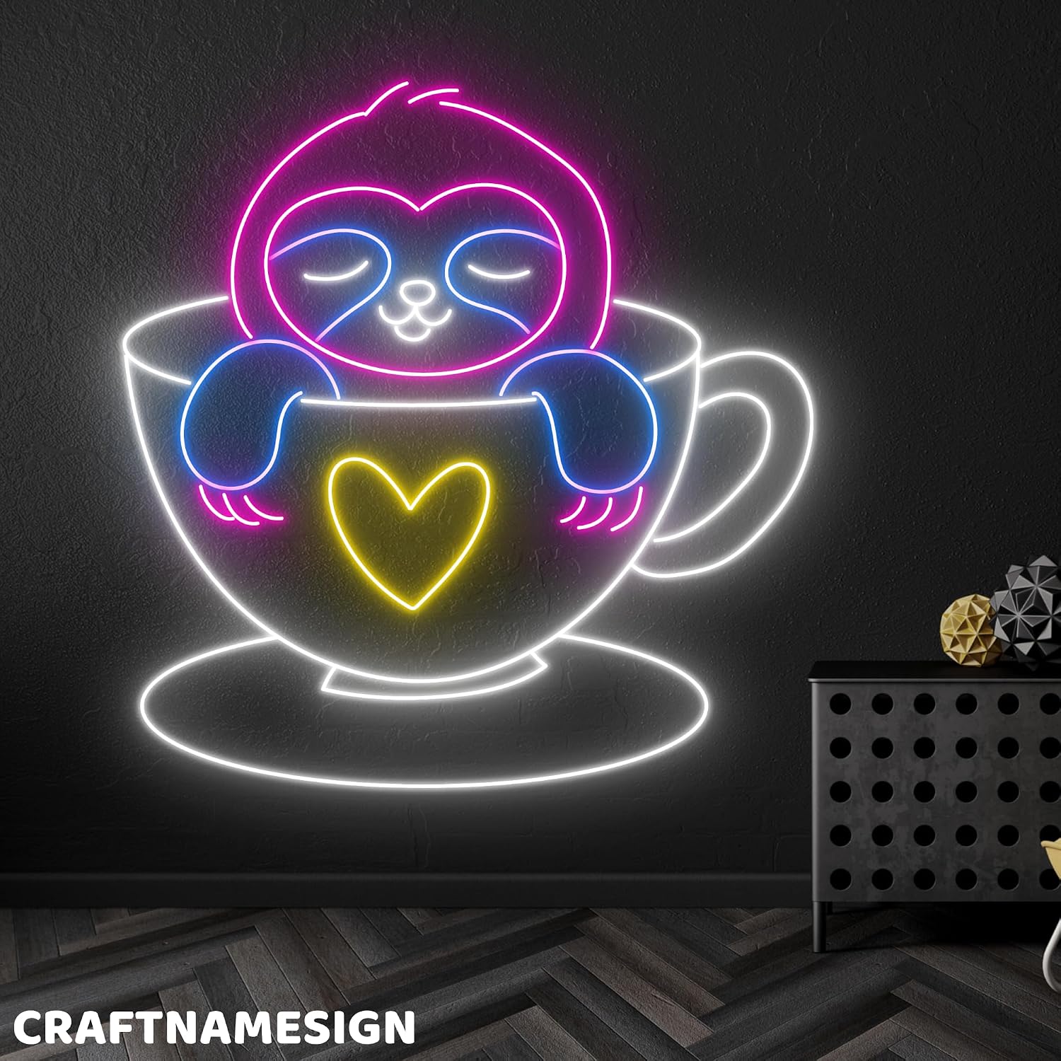 Sloth in Cup LED Display, Coffee Shop Artwork, Sleepy Creature Decor, Beverage Glow, Latte Illumination