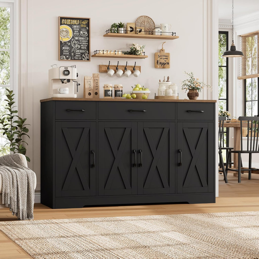 HOSTACK Buffet Sideboard Cabinet with Drawers, 55' Large Buffet Storage Cabinet with Shelves and Doors, Modern Farmhouse Coffee Bar Station for Kitchen, Dining Room, Black/Rustic Brown