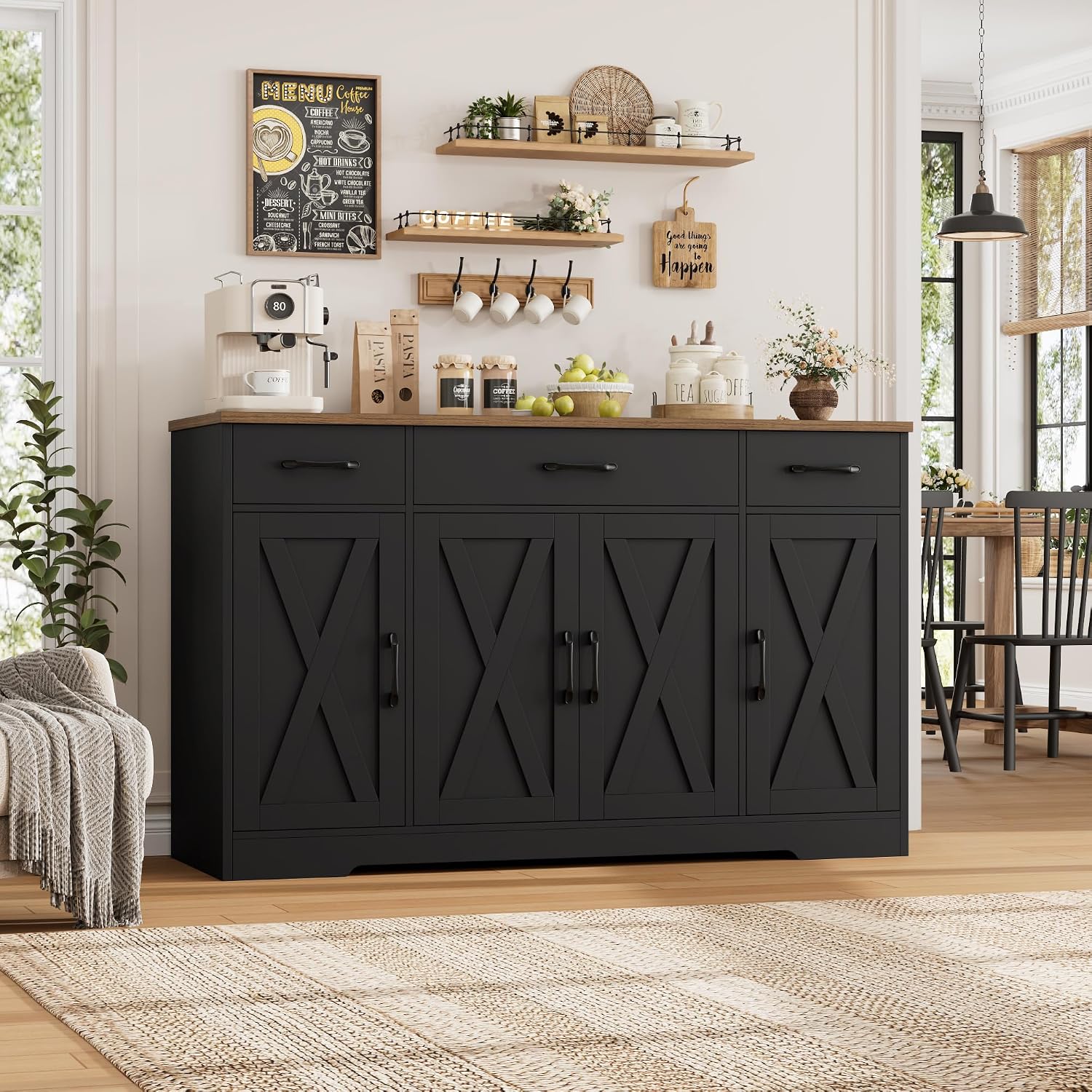 HOSTACK Buffet Sideboard Cabinet with Drawers, 55' Large Buffet Storage Cabinet with Shelves and Doors, Modern Farmhouse Coffee Bar Station for Kitchen, Dining Room, Black/Rustic Brown