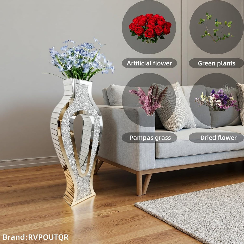 30'' Large Double Sided Crushed Diamond Vase, Tall Mirrored Sliver Vases for Floor,Decorative Vase with High-end Hollow Out Design for Home,Office,Hotel (11.8' L x 5.37' W x 30' H)