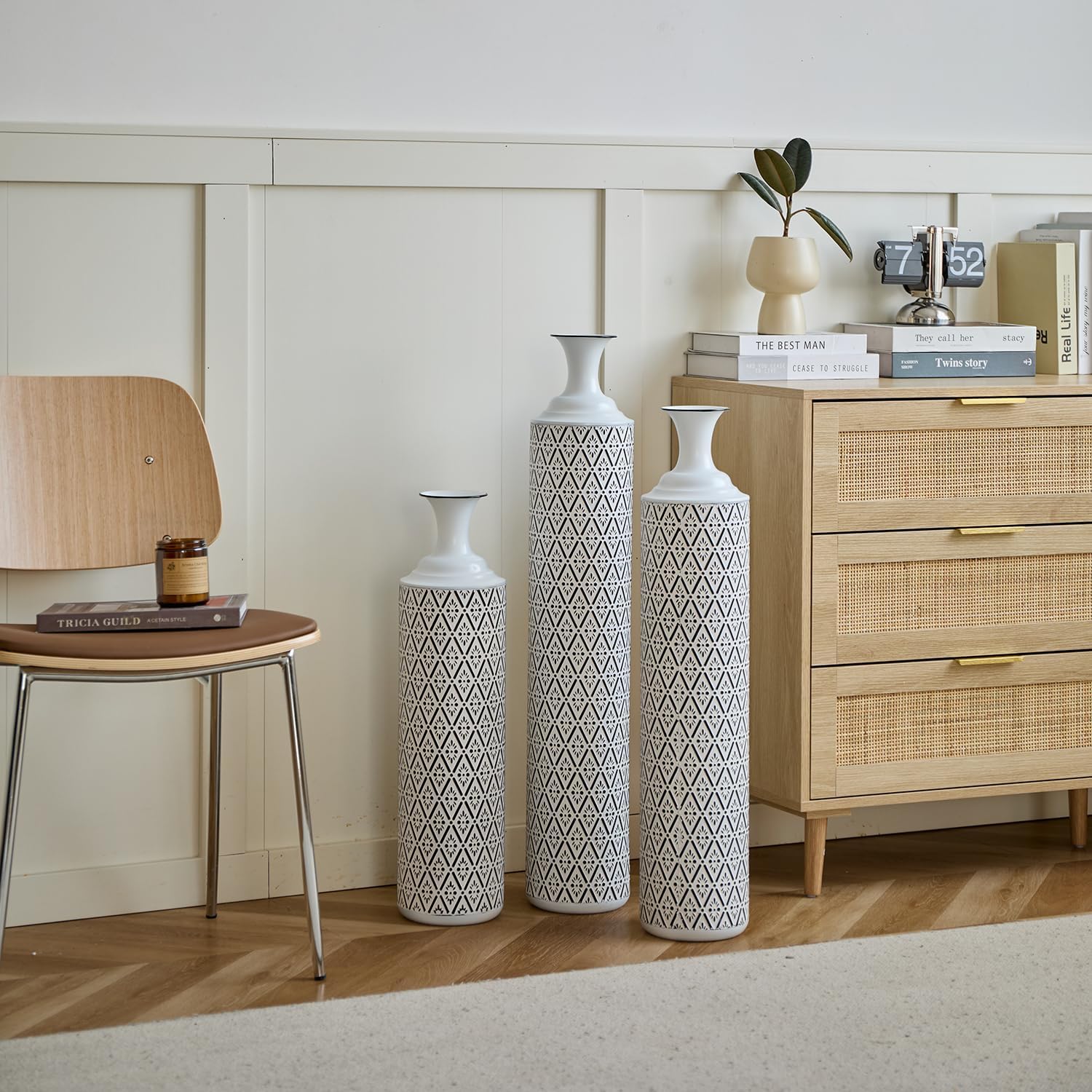 Set of 3 Gorgeous White Metal Vases - Unique Floor Decoration, Large Glazed Metal Vases at 24in, 28.7in, 33.5in for Modern Black & White Home Designs