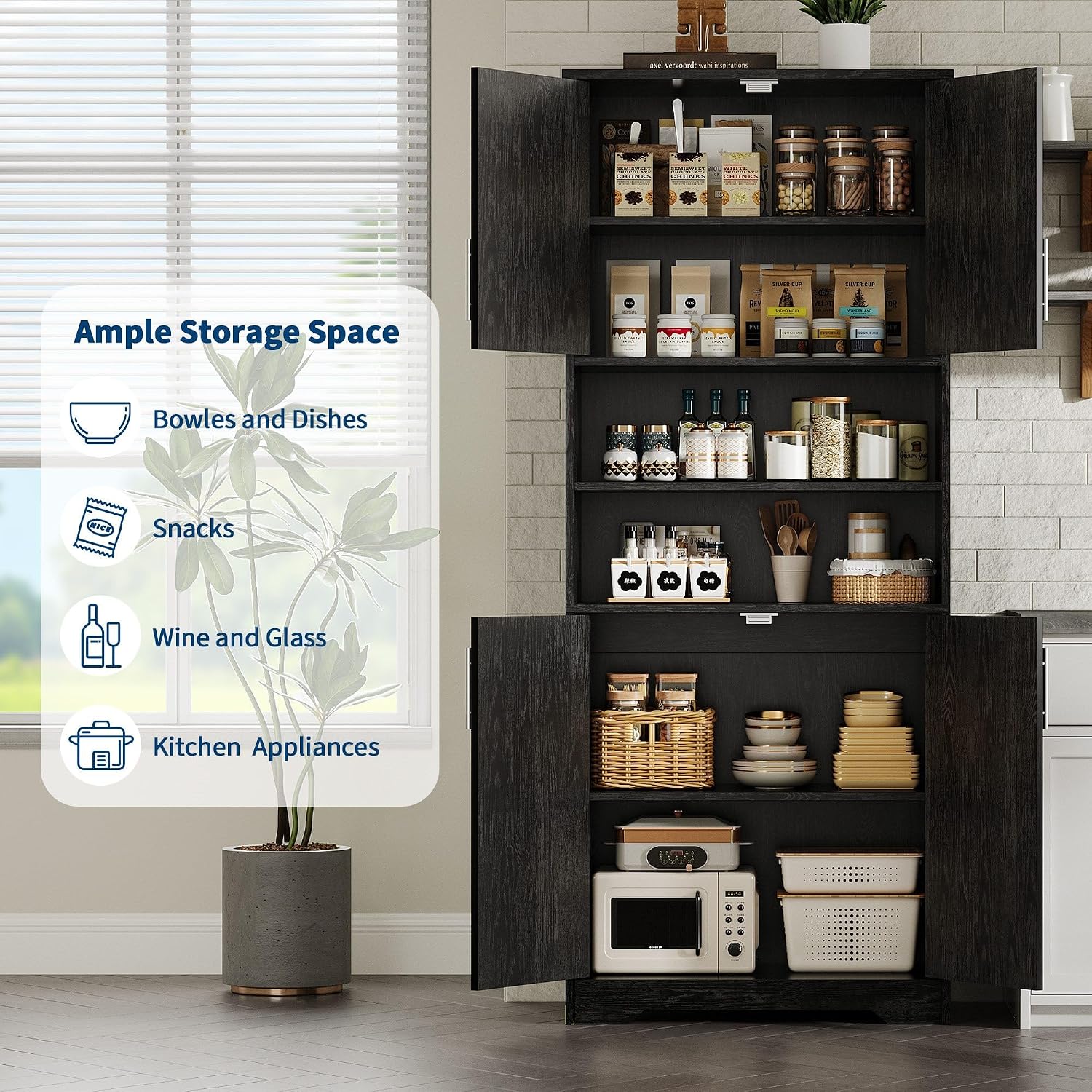 IDEALHOUSE 67' H Tall Storage Cabinet, Freestanding Bathroom Cabinet with 4 Doors and Adjustable Shelves,Modren Cupboard for Kitchen, Pantry, Living Room, Black