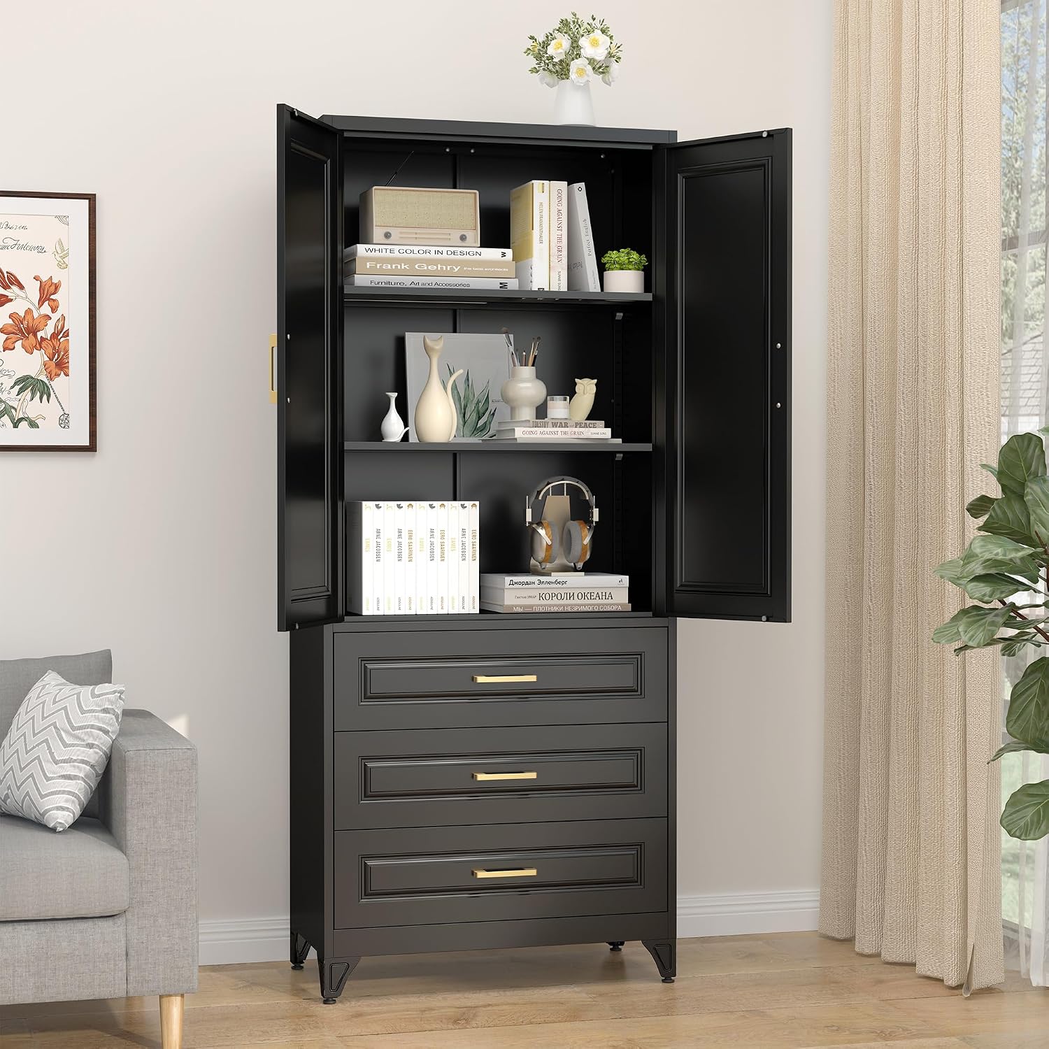 SteeLoong 75' Kitchen Pantry Cabinet with 3 Drawers,Metal Storage Cabinets with Doors and 2 Adjustable Shelves,Black Kitchen Cabinet with 2 Gold Handles,Food Cupboard for Livingroom, Bathroom,Pantry