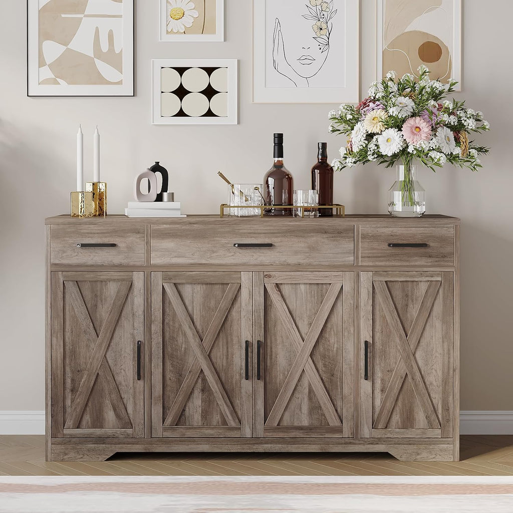 Garvee 55 in Large Buffet Sideboard Cabinet with Storage 4 Doors and 3 Drawers Kitchen Storage Cabinet Coffee Bar Buffet Table for Dining Room, Living Room, Adjustable Shelf
